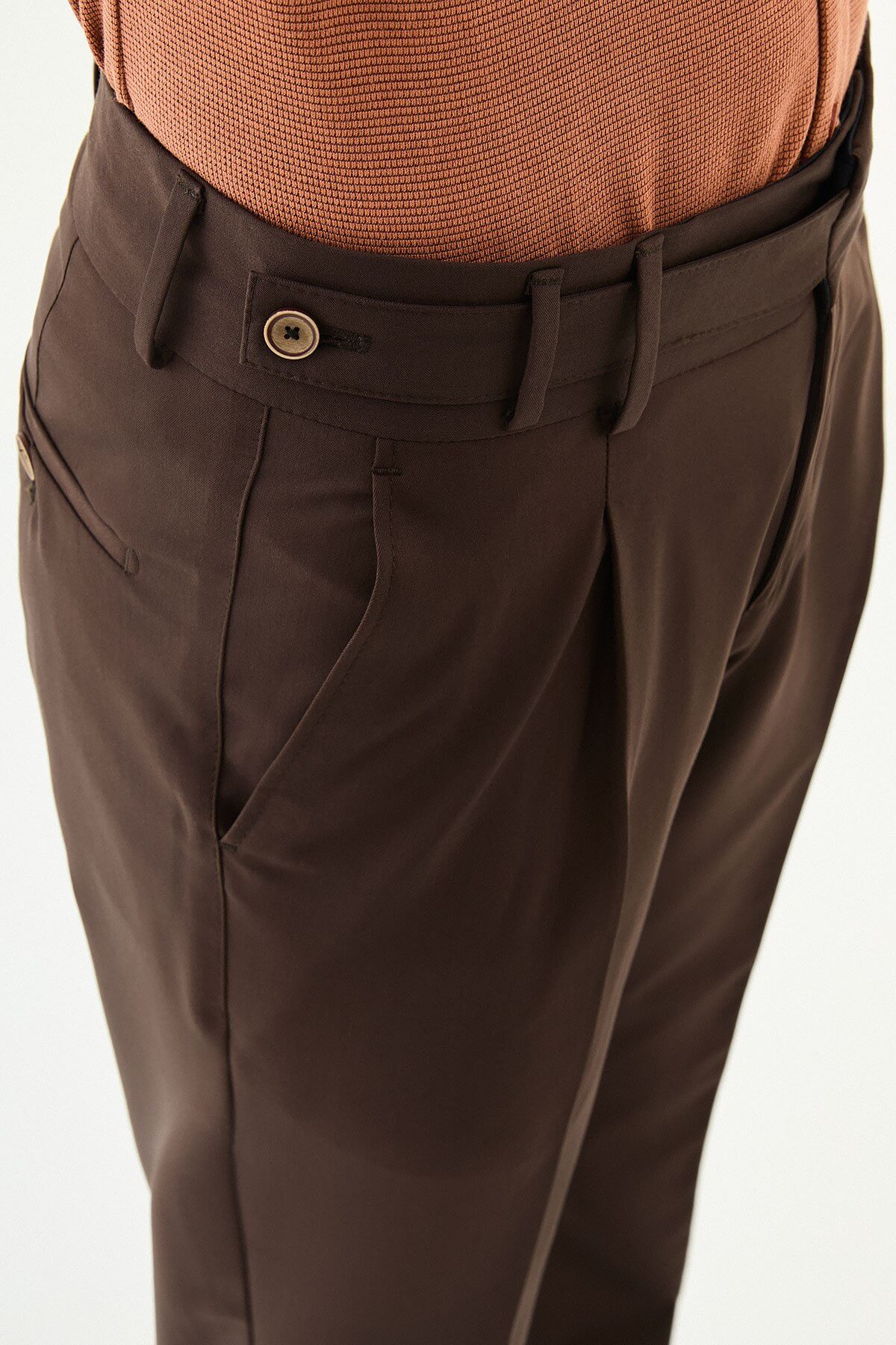 Dark Brown slim-fit straight-leg pleated trousers for men, styled with dress shoes, perfect for summer office and formal occasions.