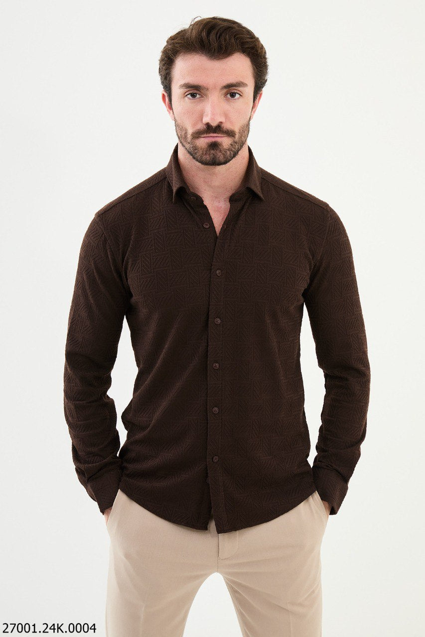 Men's Brown Textured Button-Up Shirt. HolloMen Men's Brown Textured Button-Up Shirt. HolloMen