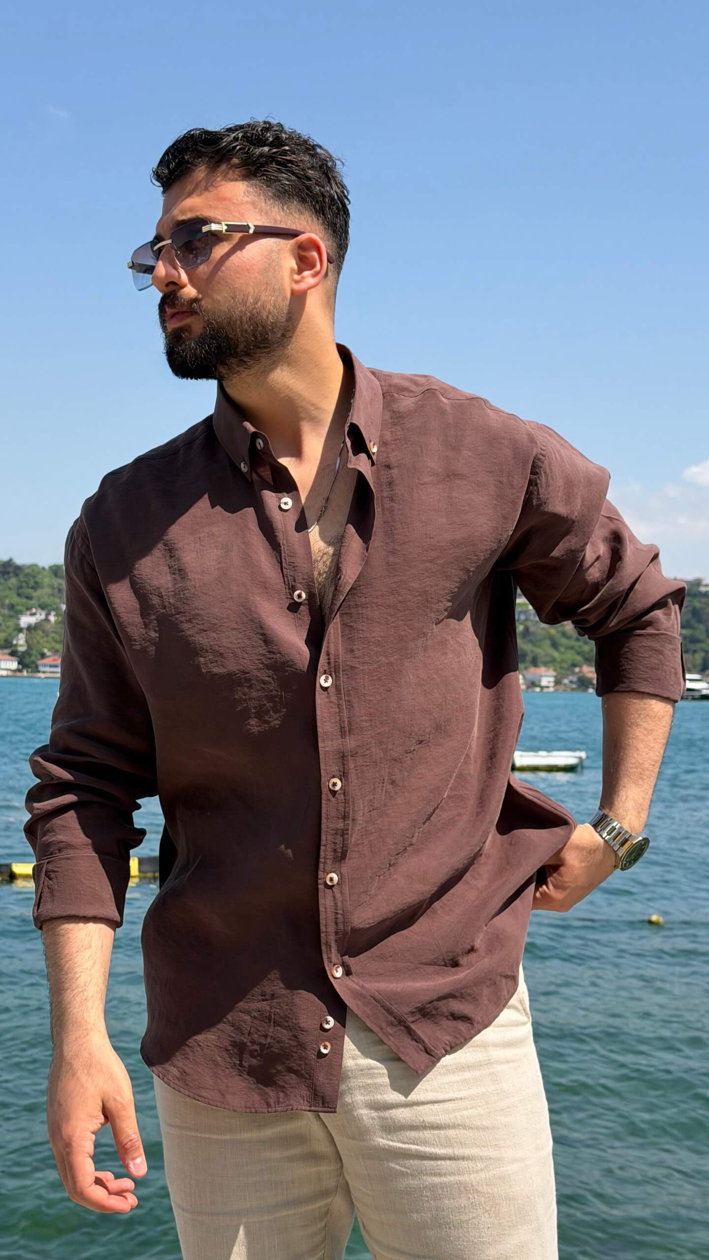 Men's Lyon Striped Brown Shirt L