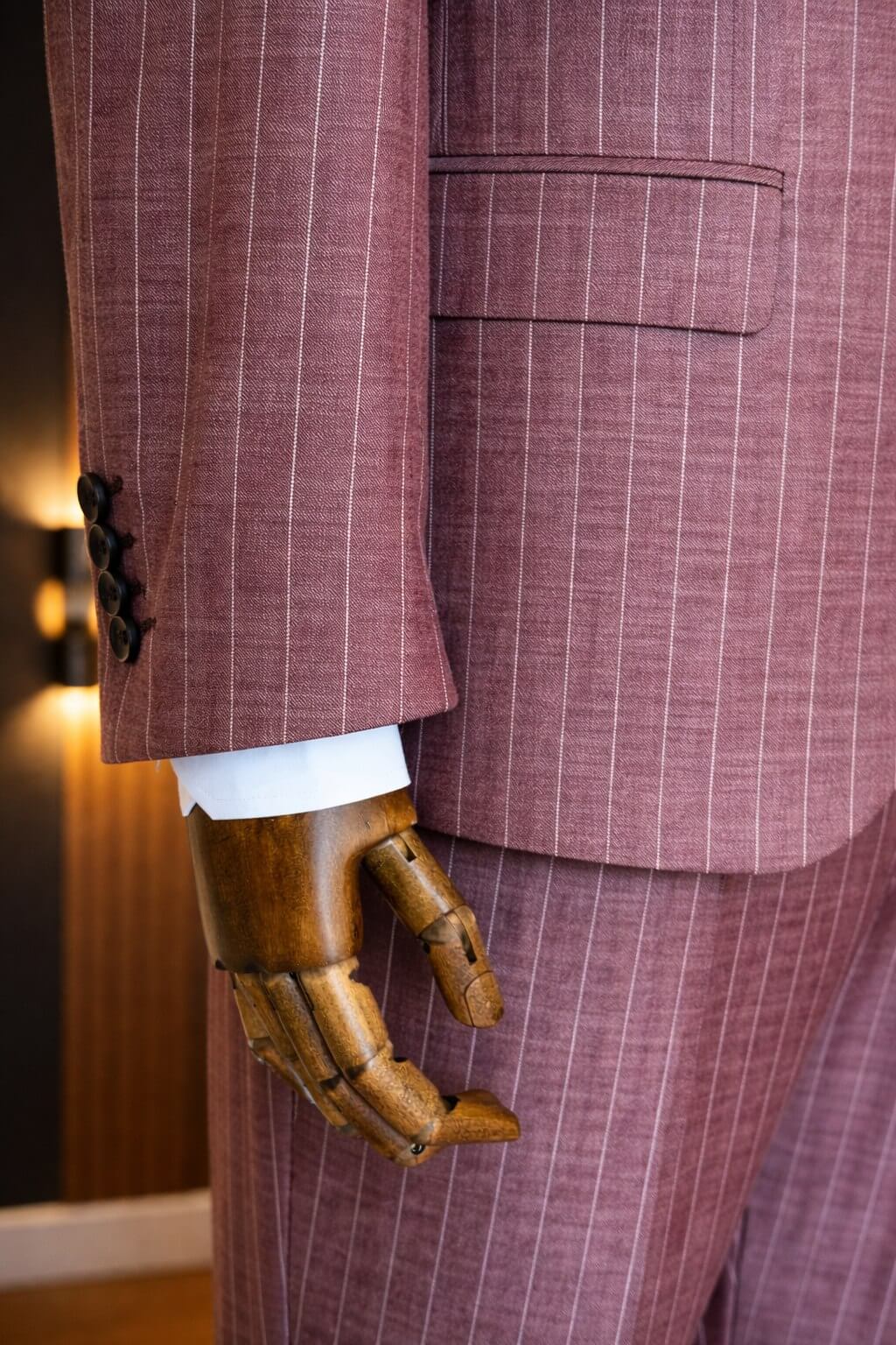 Burgundy pinstripe slim fit suit front view