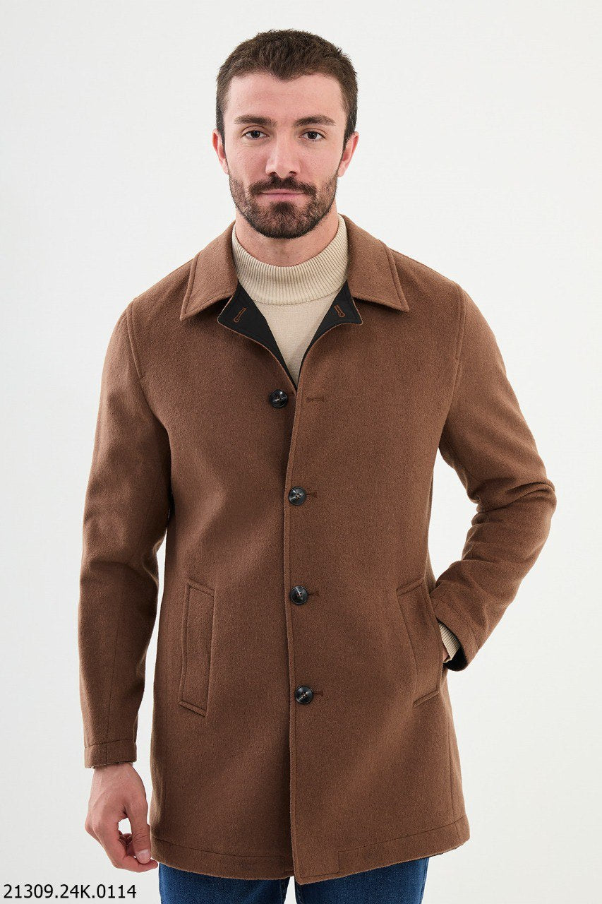 Manteau d'hiver boutonné en coton mélangé marron camel pour homme