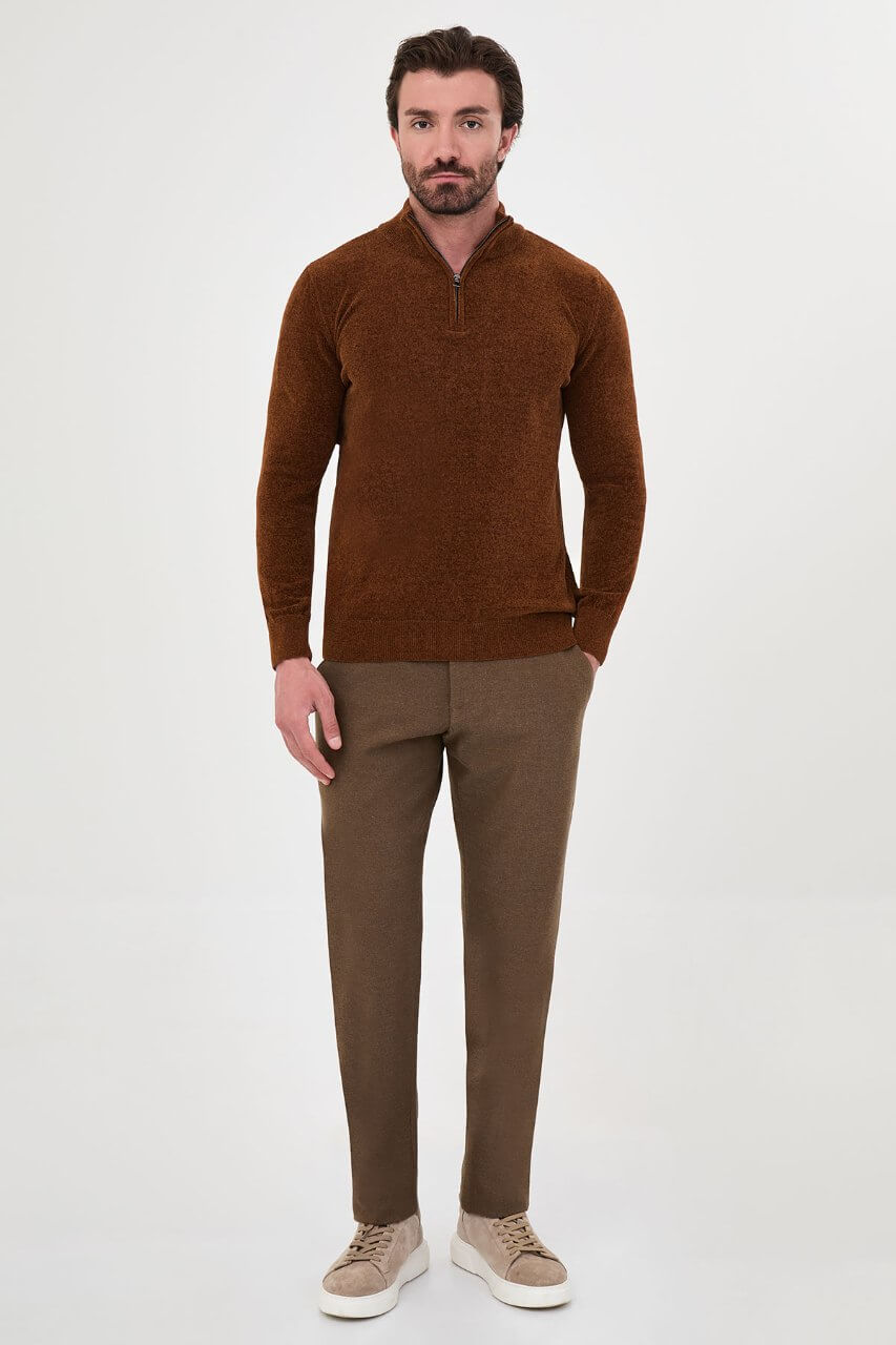 Men's camel zip collar knit sweater for fall winter smart casual styling