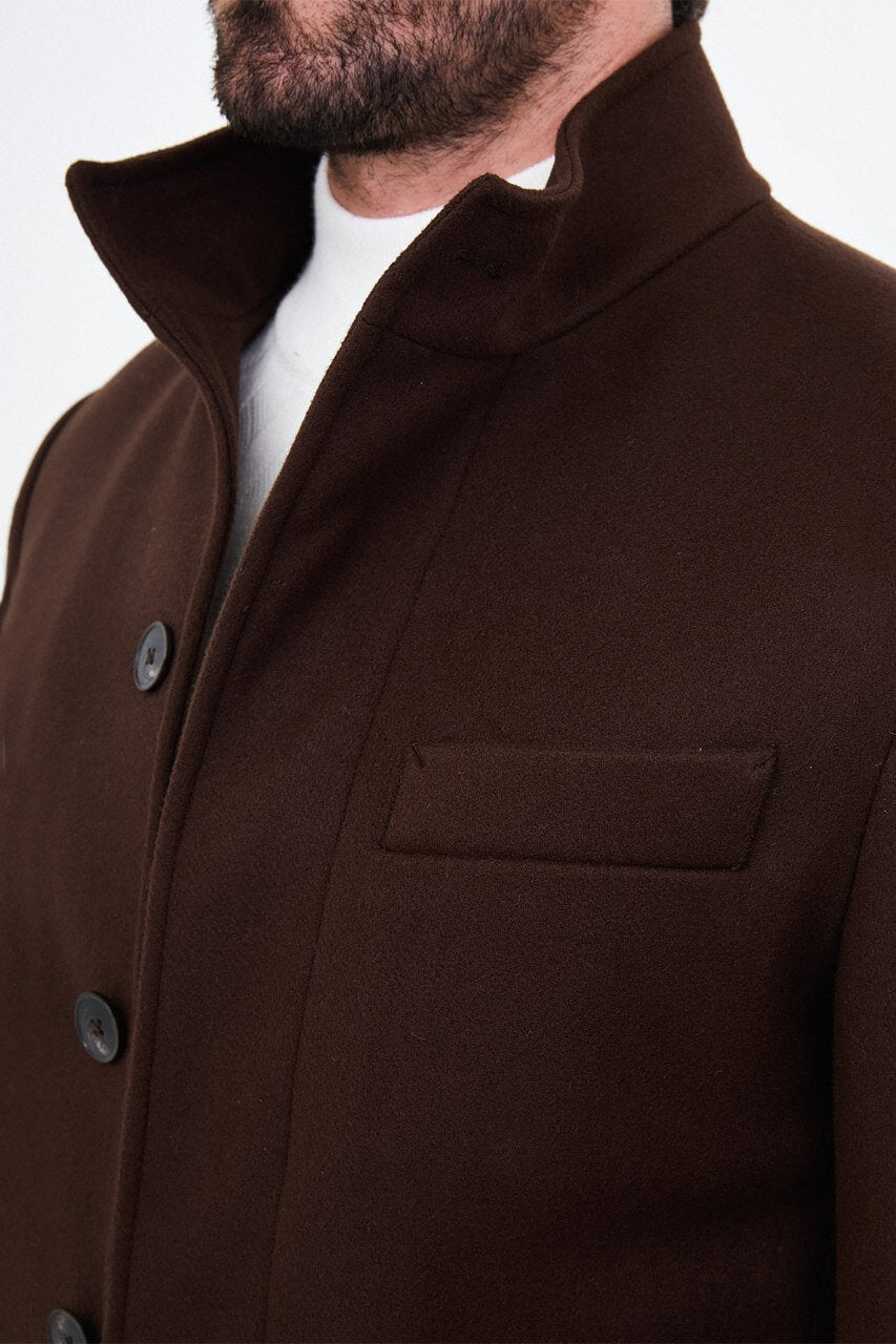 HolloMen men's brown winter overcoat featuring a raised collar, tailored silhouette, and side pockets.
