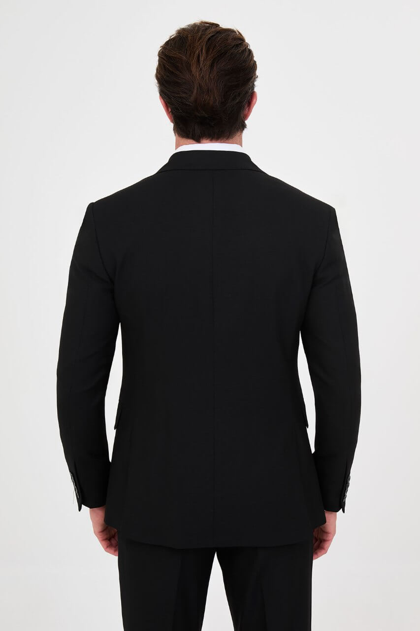 Men's black slim-fit two-piece suit featuring a tailored blazer, notch lapels and matching trousers.