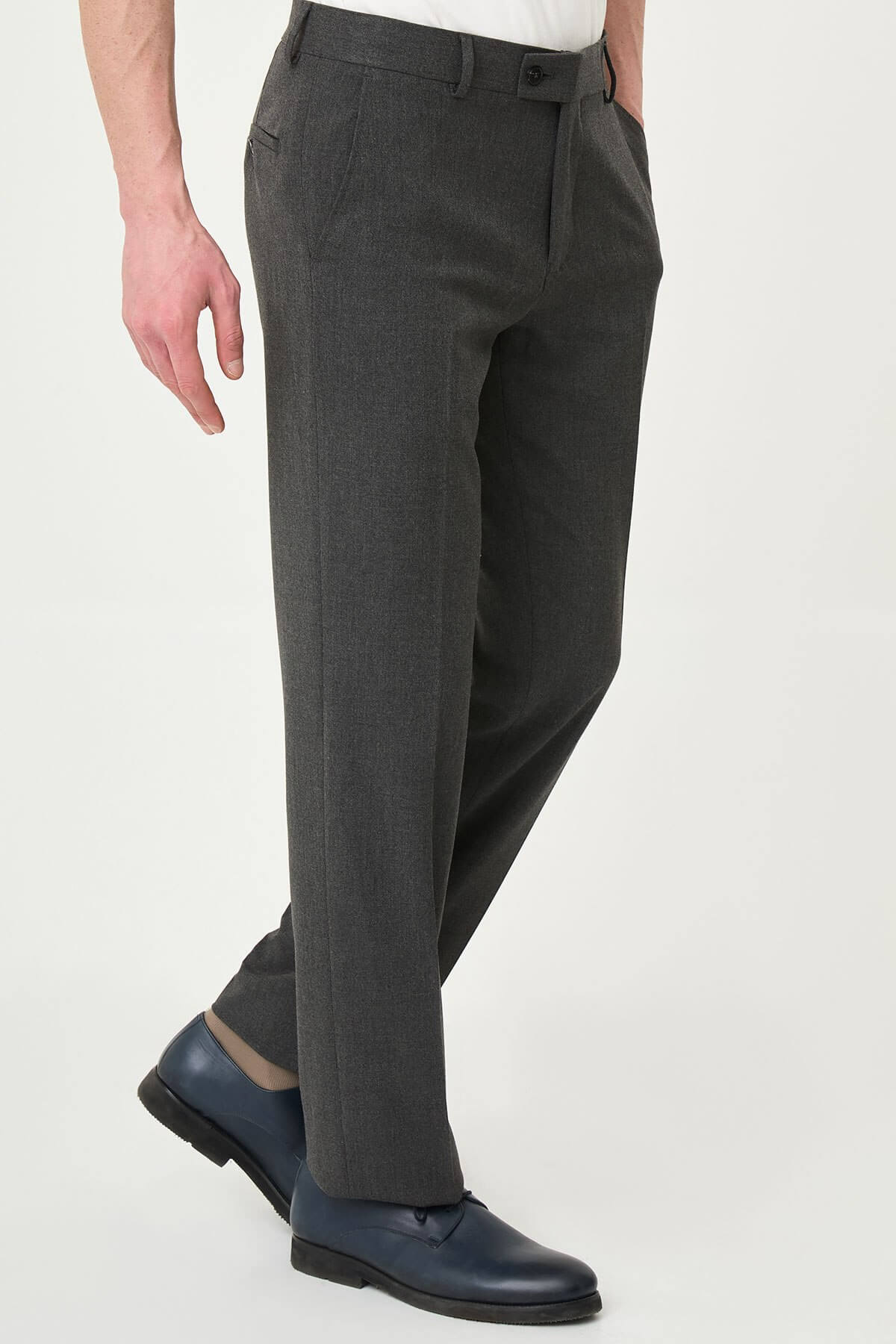 Dark Gray slim-fit formal trousers with front pleats, styled with black leather shoes, ideal for office and semi-formal summer events.