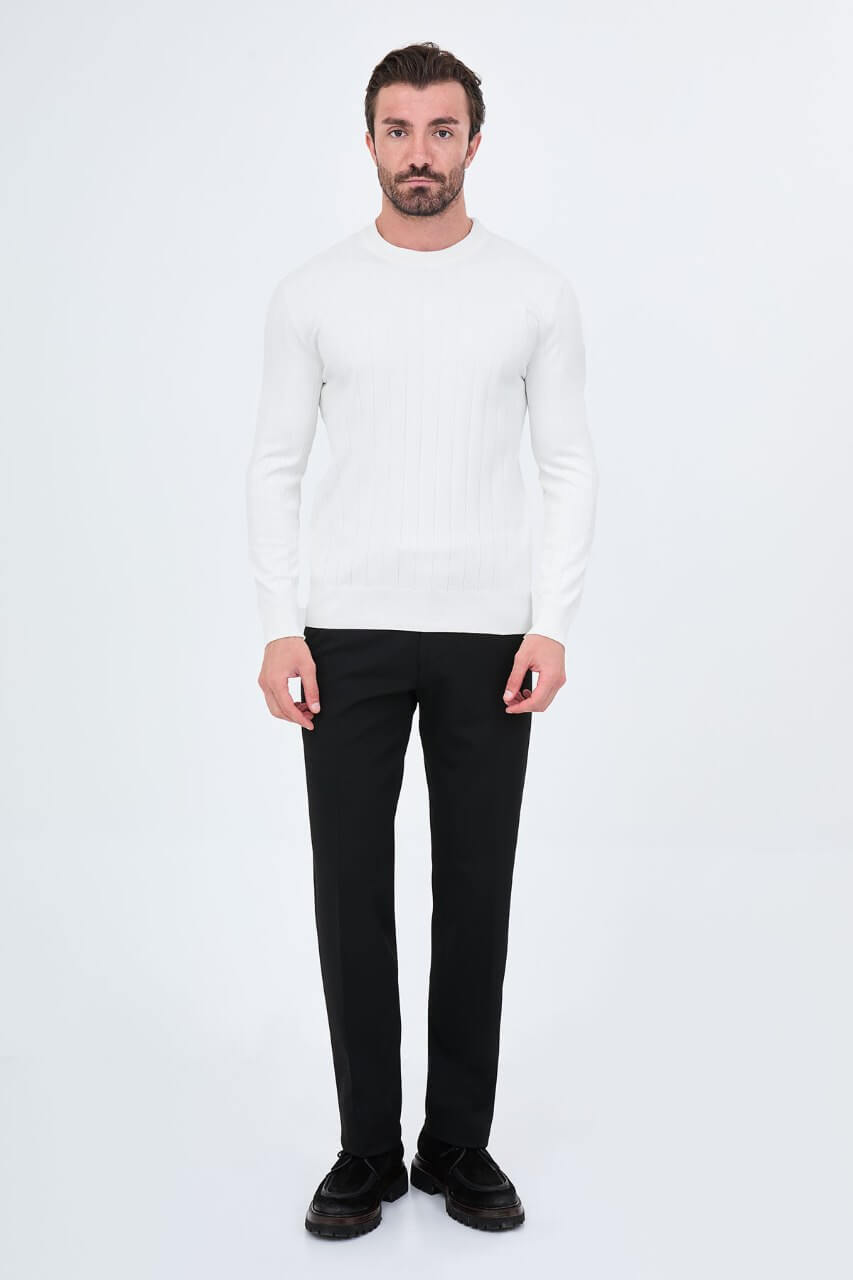 Men's ecru ribbed crew-neck knit sweater with long sleeves by HolloMen.
