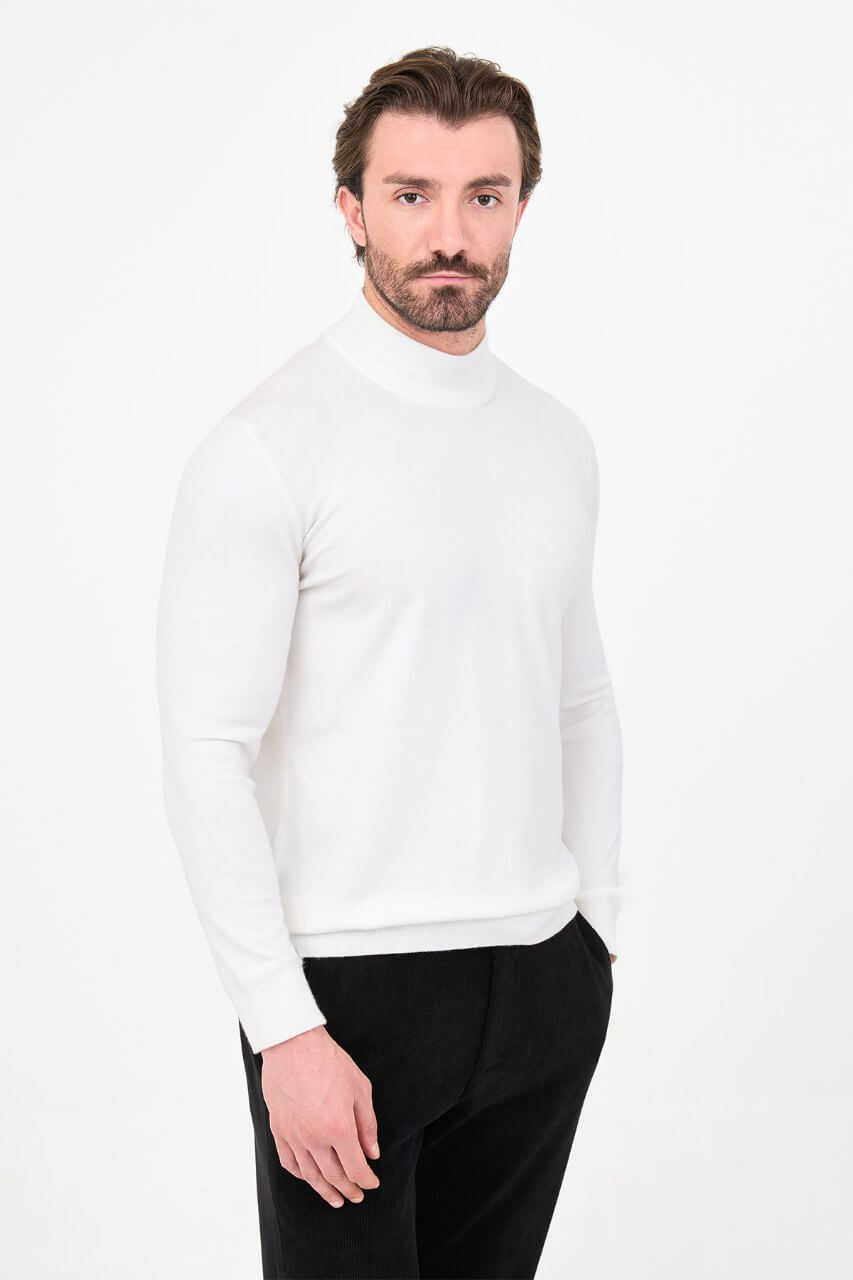 Men's ecru cashmere blend mock neck knit sweater slim fit fall winter menswear