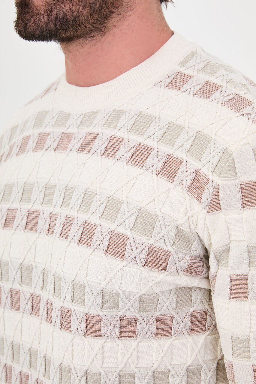 Men's ecru textured crew neck knit sweater with square pattern detail for fall and winter styling
