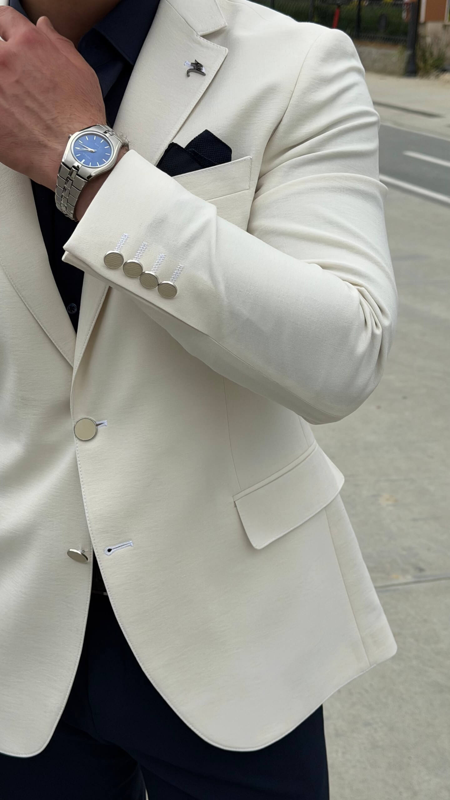 Men's Ecru Textured Blazer Combination Suit, consisting of a double-breasted blazer and slim-fit trousers