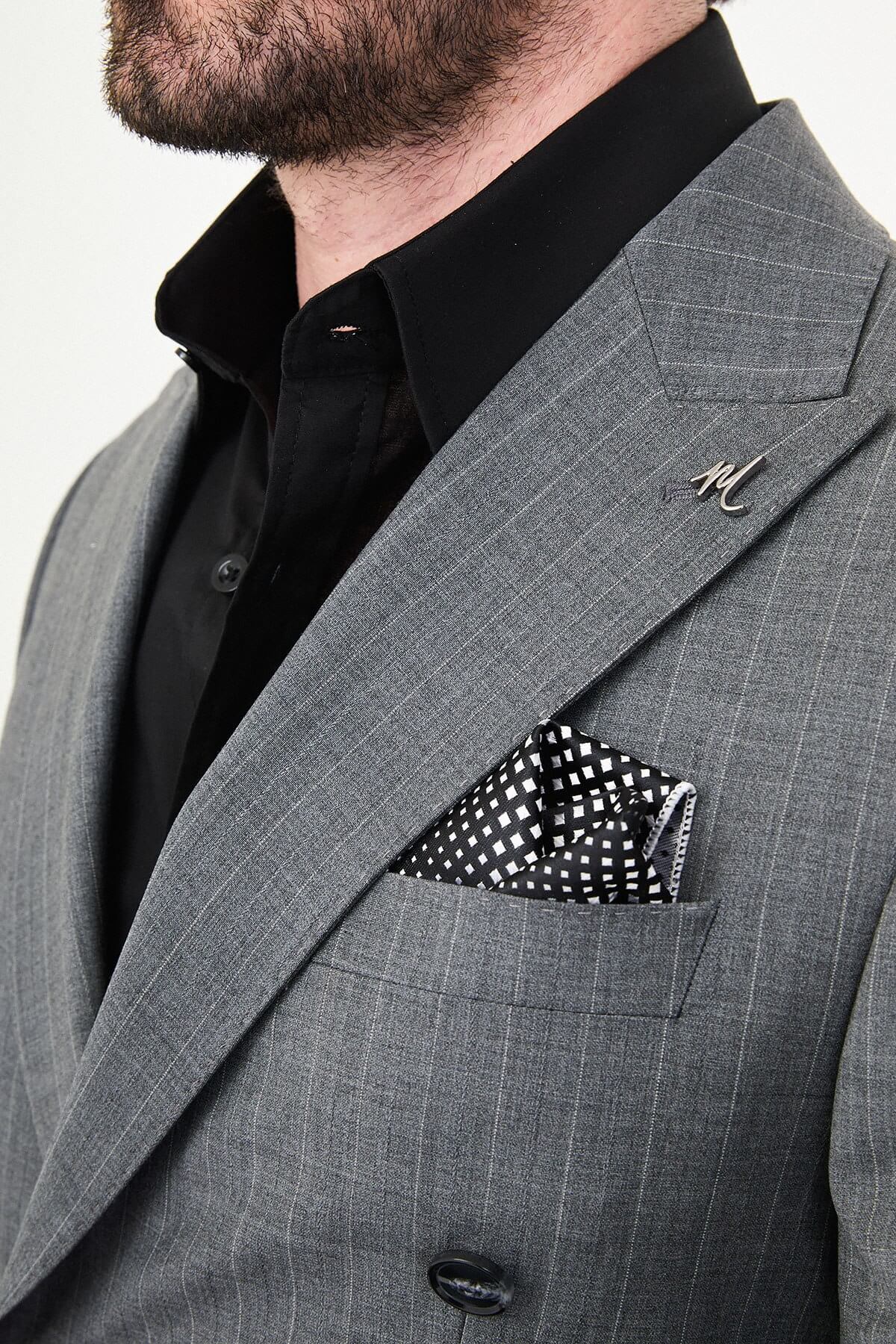 Men’s Gray Pinstripe Double-Breasted Suit, showing slim-fit trousers and black oxford shoes.