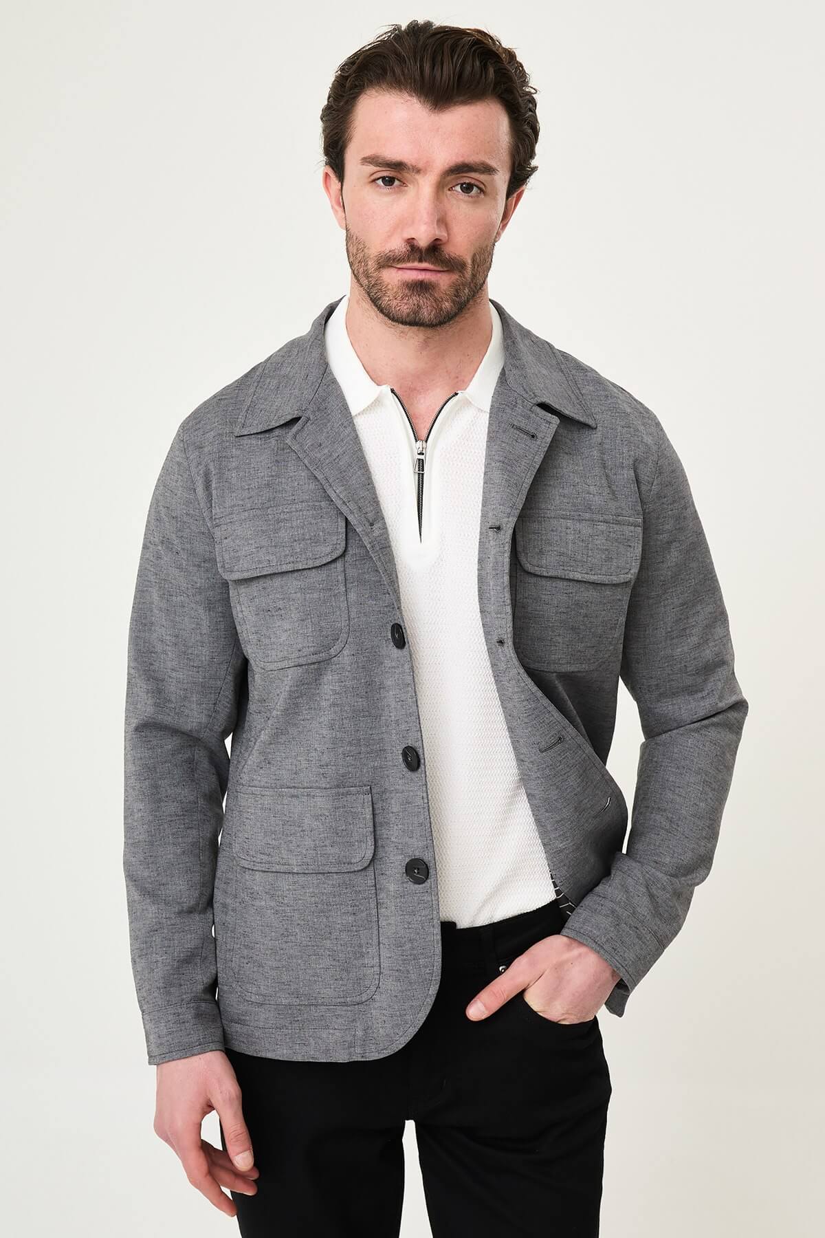 Men’s Gray Utility Jacket - Slim Fit Casual Blazer