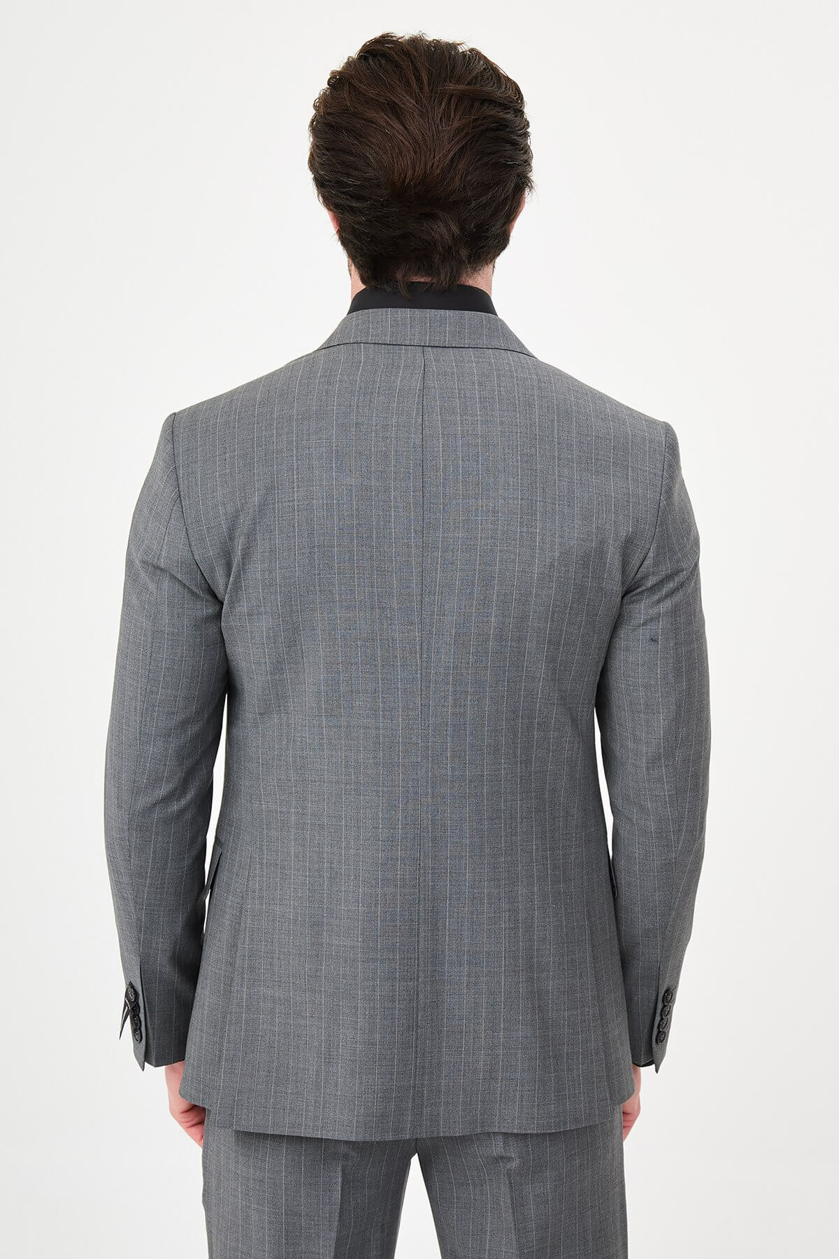 Man wearing Men’s Gray Slim-Fit Wide Collar Premium Wool Suit, styled with formal shoes and a dress shirt, ideal for summer weddings and business events.