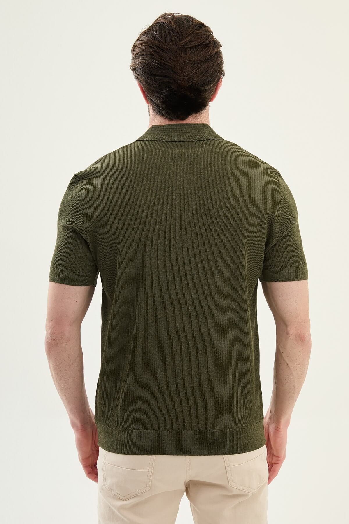 Men’s khaki slim-fit knit polo shirt with classic collar, short sleeves, and textured knit finish for summer smart-casual style.
