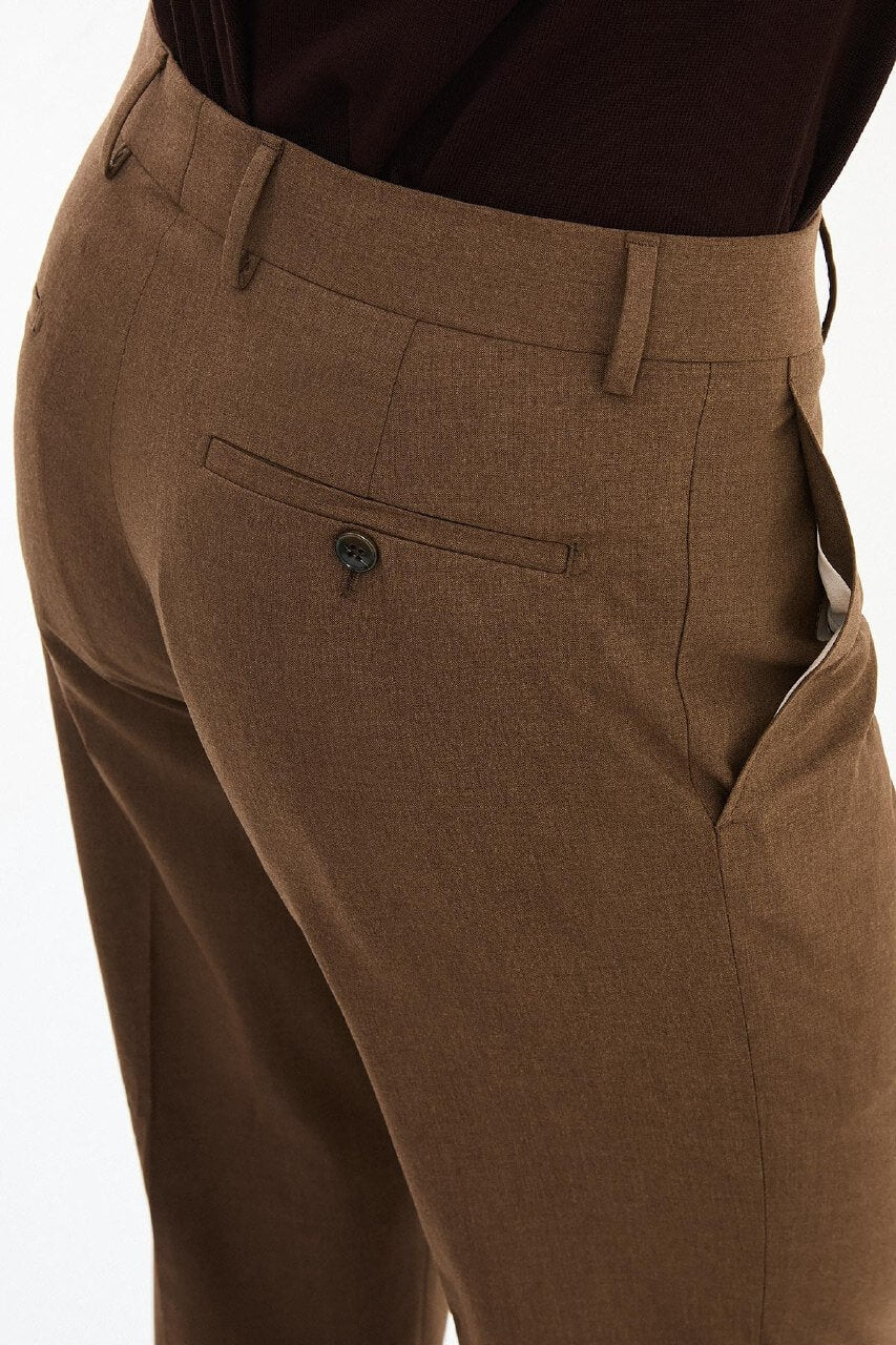 Men wearing light brown slim-fit formal trousers paired with brown dress shoes, styled for office and formal summer events.