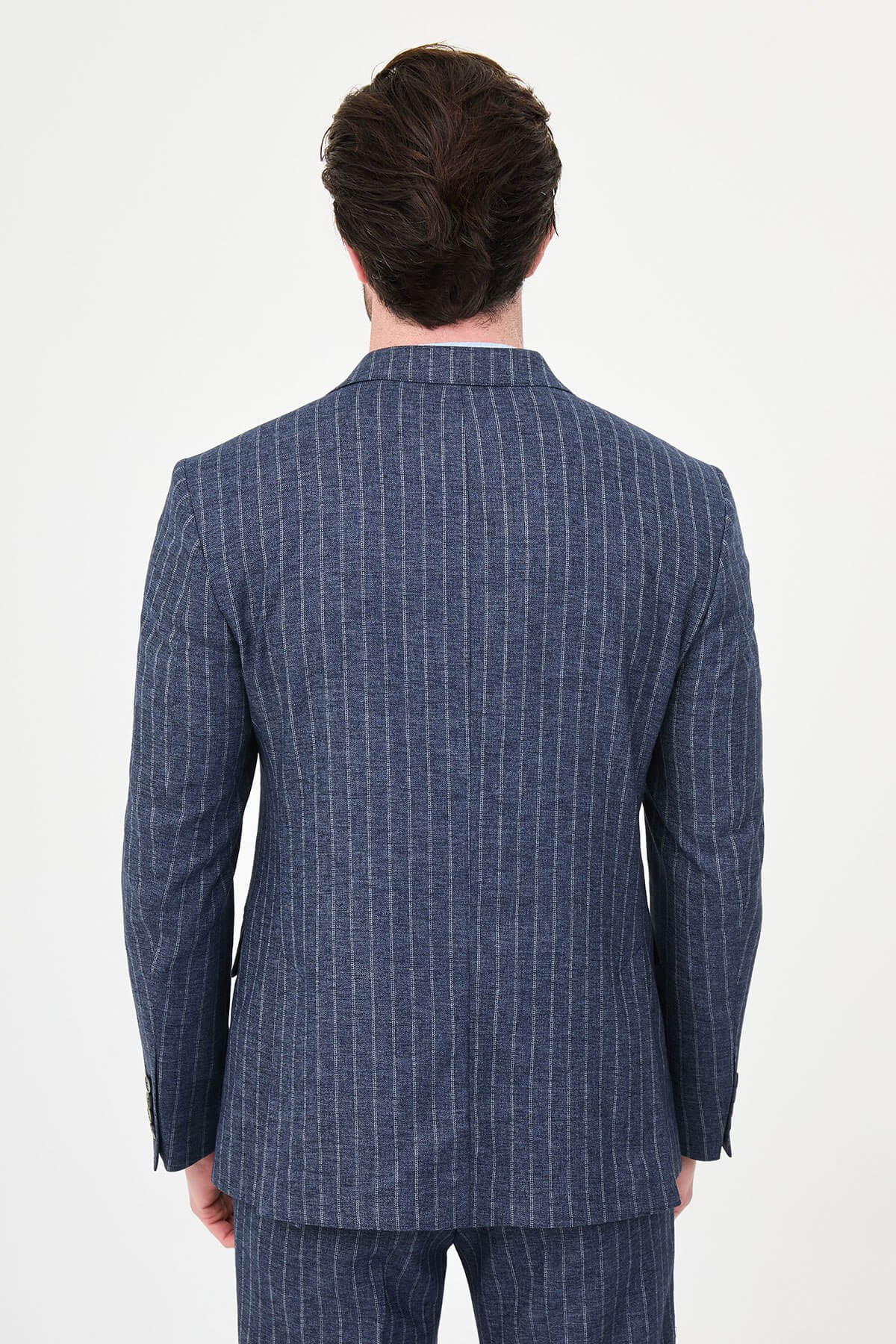 Model wearing Navy Blue Pinstripe Double-Breasted Suit
