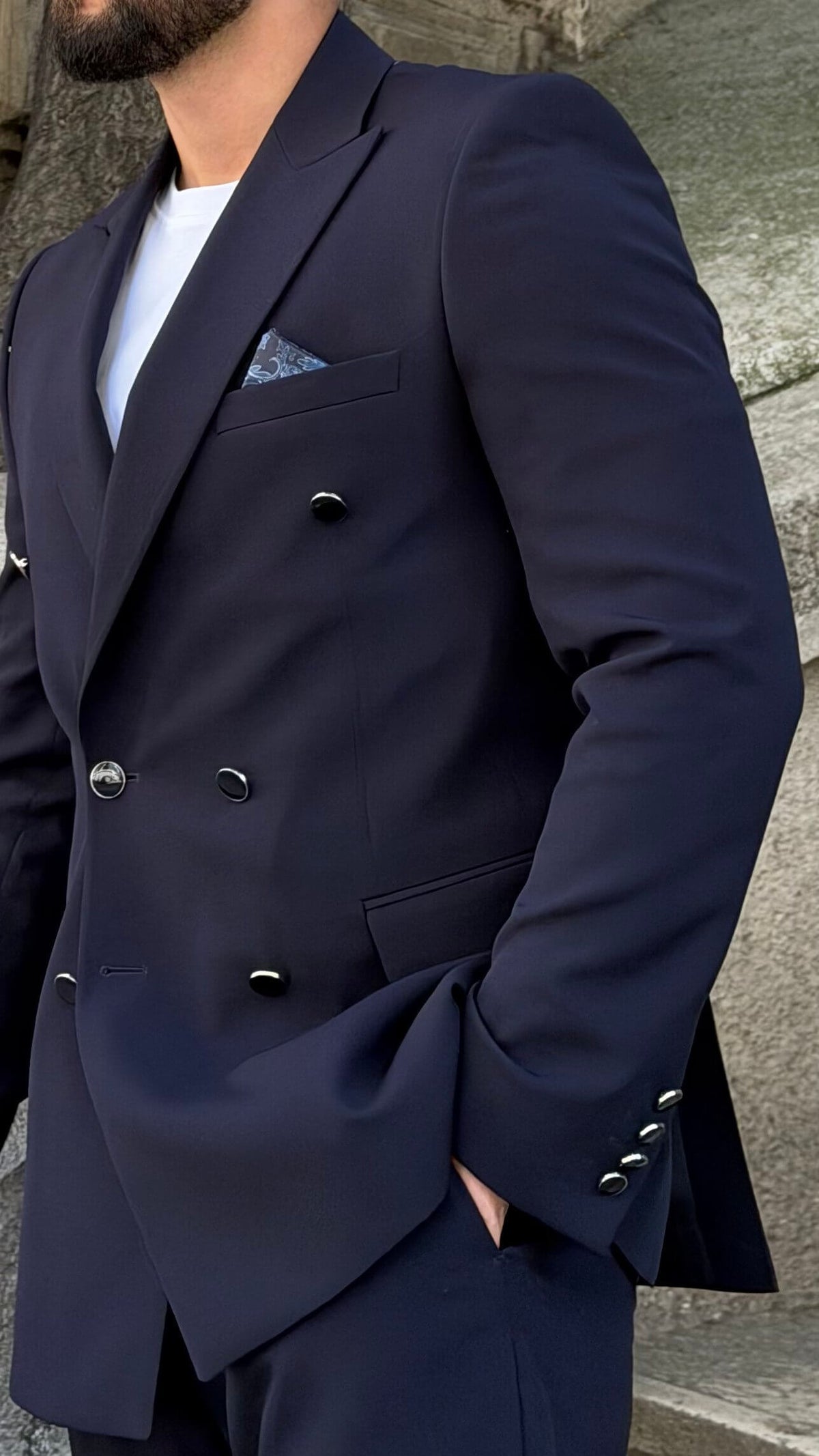 Men’s navy blue double breasted slim fit suit with tailored jacket for formal and smart casual occasions