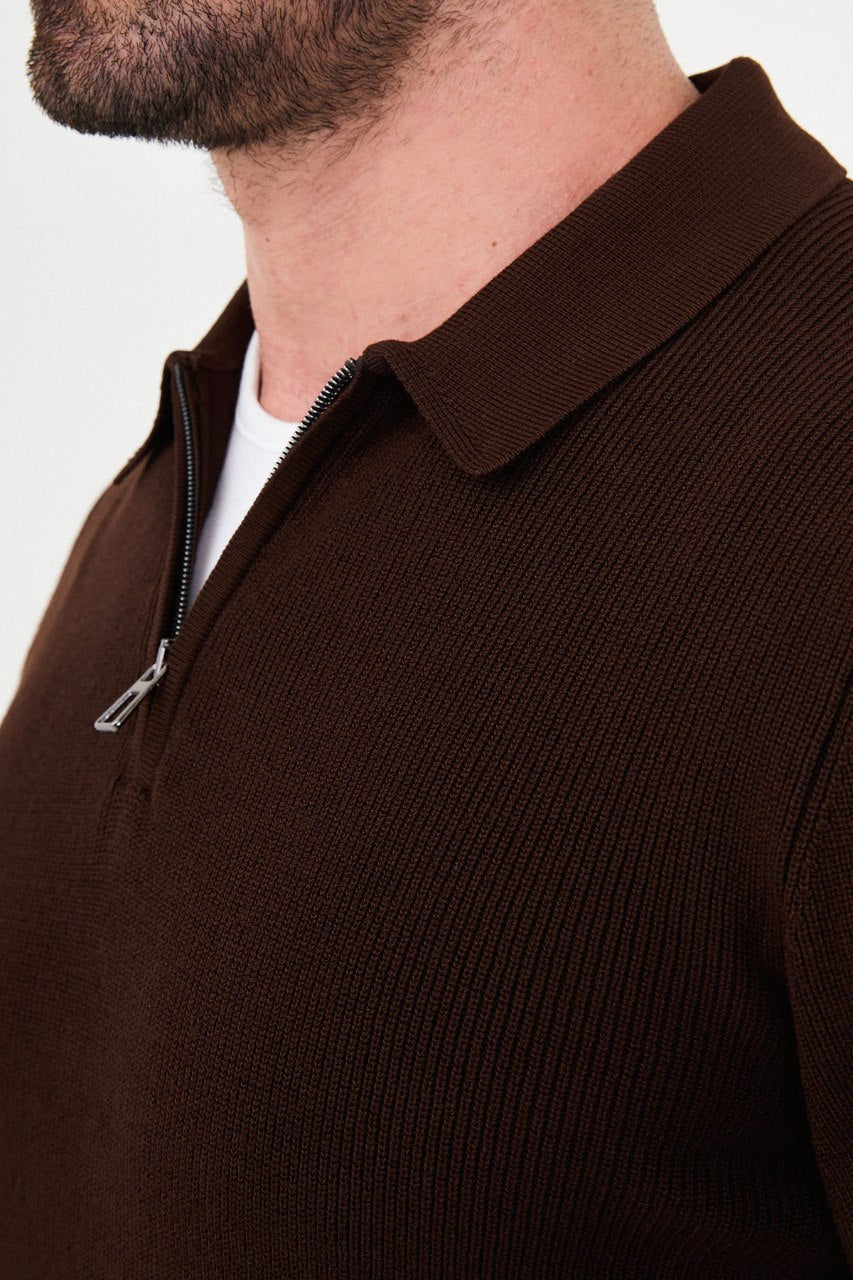 Men’s brown polo collar knit sweater with zip detail, cotton stretch fabric, and ribbed texture for fall winter smart casual style.