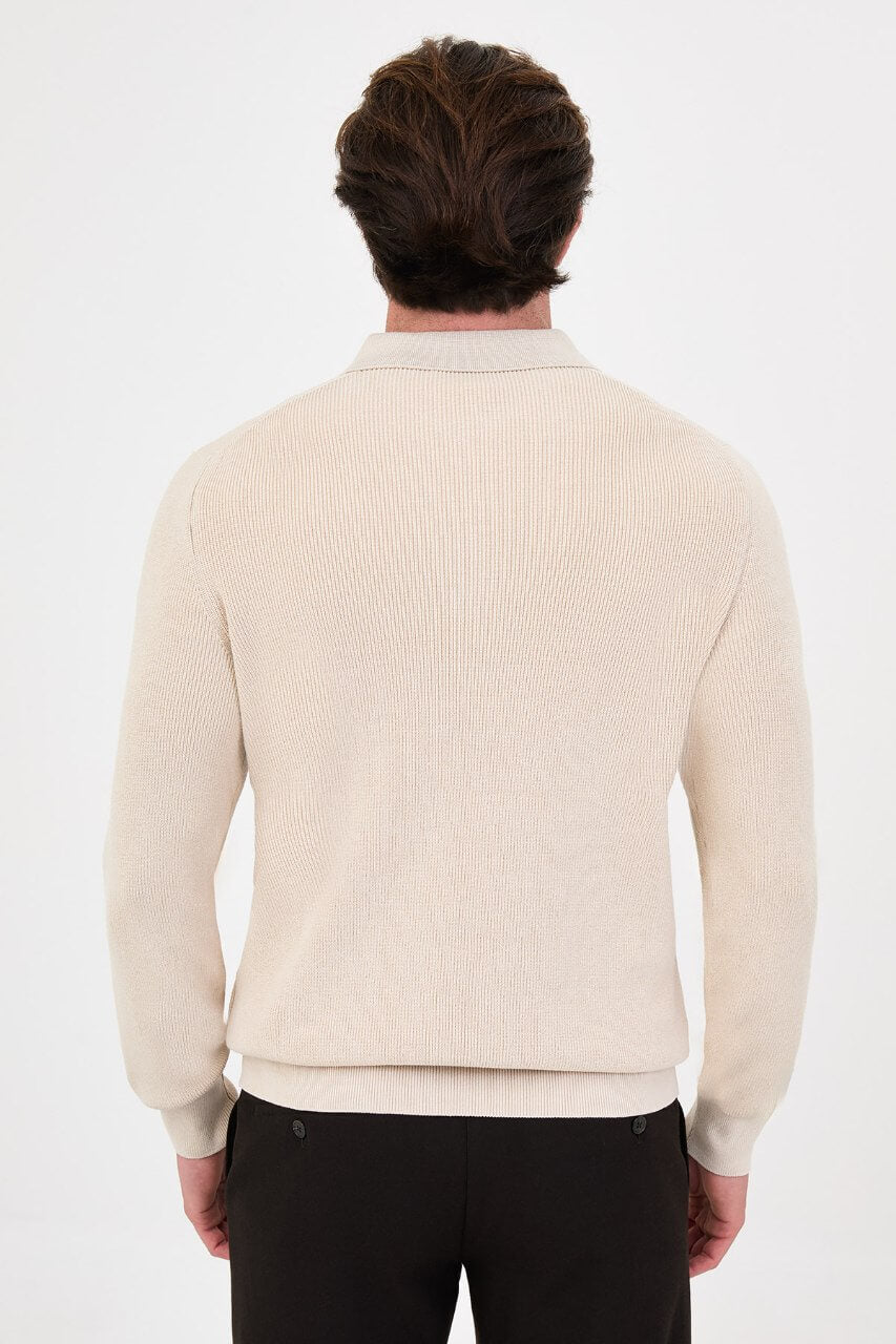 Men’s beige knit sweater with polo collar detail and cotton stretch fabric for fall winter smart casual outfits