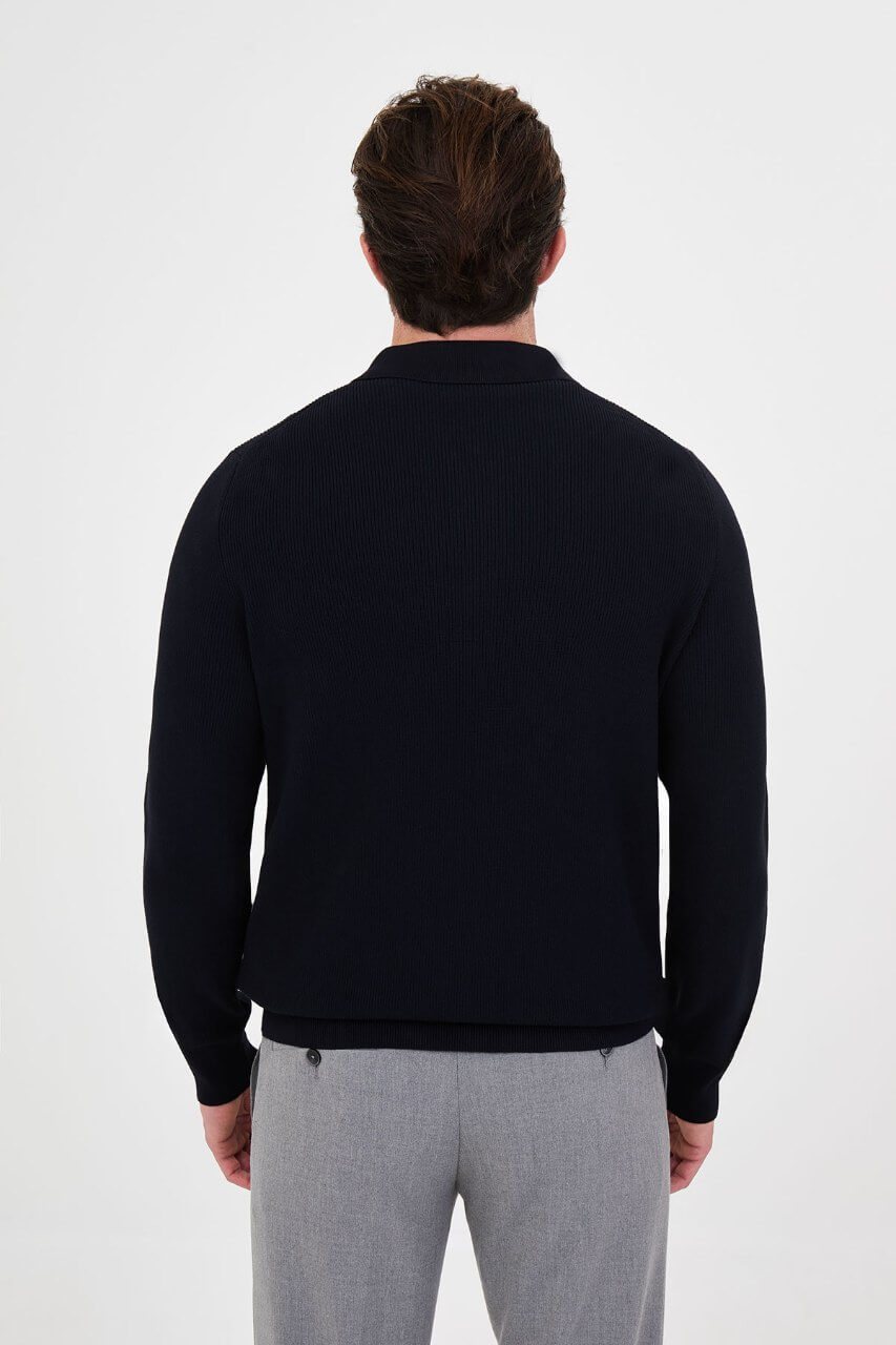 Men’s navy blue polo collar knit sweater with zip neckline detail and cotton stretch ribbed fabric for fall winter smart casual style.