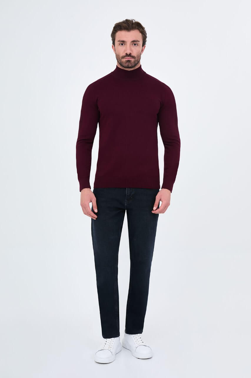 Men's burgundy slim fit turtleneck sweater with long sleeves for fall winter smart casual styling