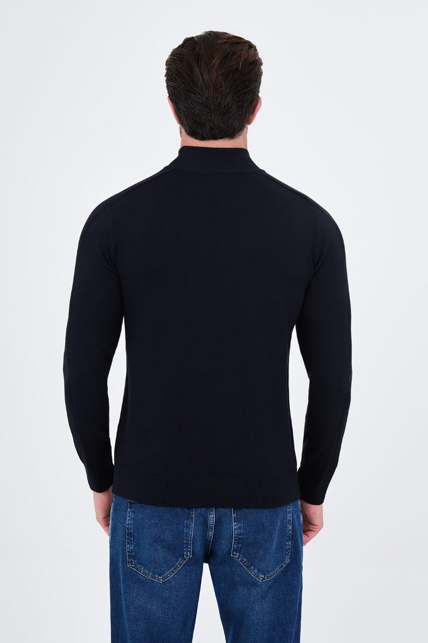Men's dark blue turtleneck sweater slim fit cotton knit pullover for fall winter smart casual style
