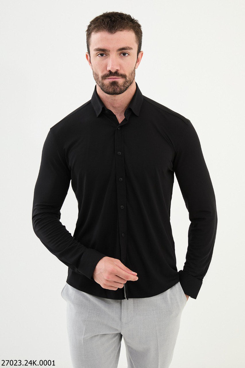 Men's Slim Fit Black Long-Sleeve Shirt. HolloMen Men's Slim Fit Black Long-Sleeve Shirt. HolloMen