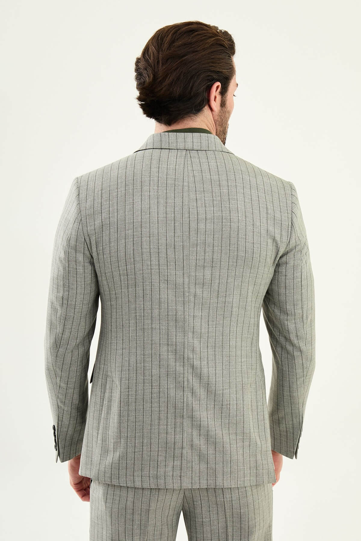 Men’s khaki slim fit double-breasted pinstripe suit jacket crafted from a cotton-viscose stretch blend for modern formal and smart occasion styling.