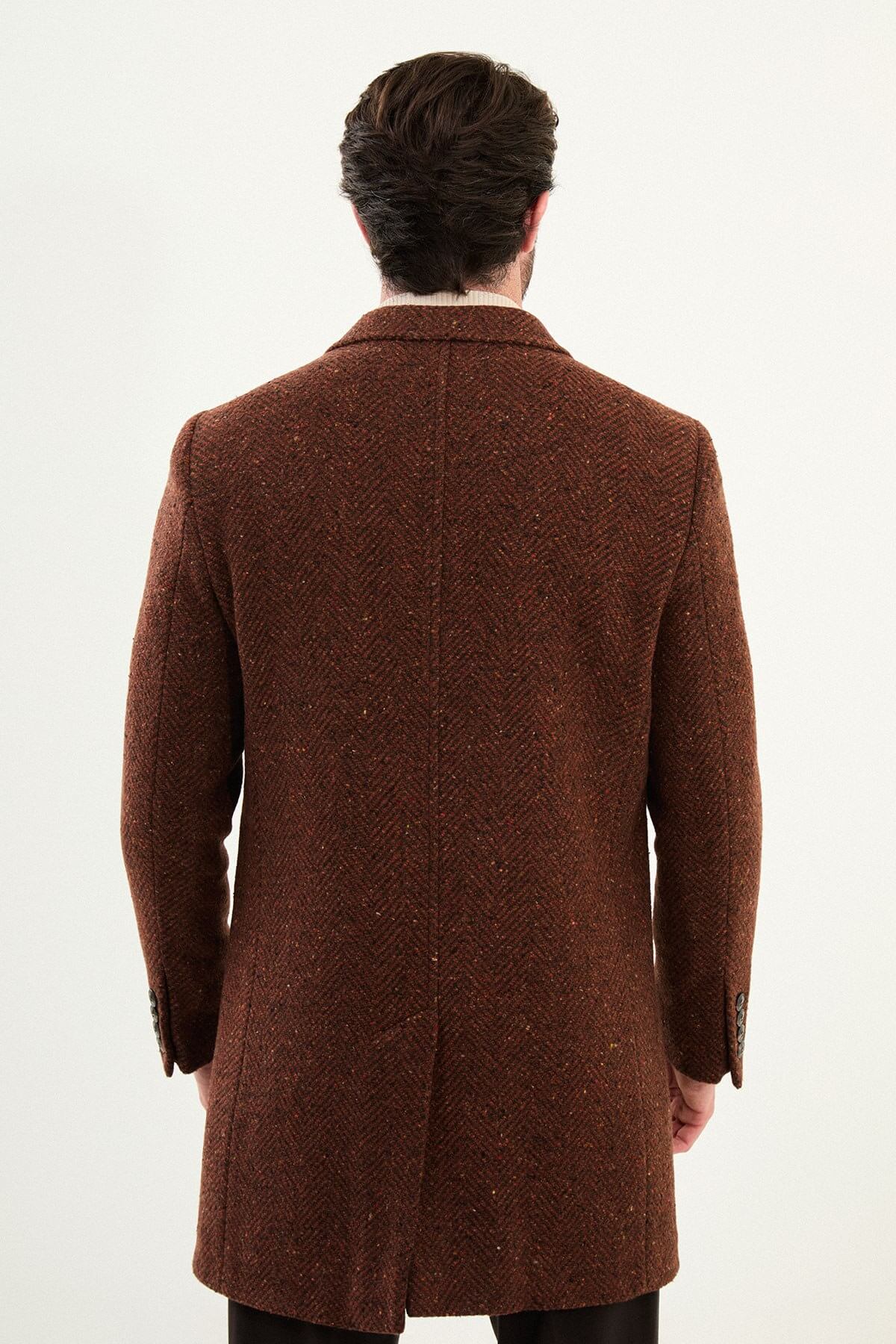 Tile wool blend tailored men’s coat styled with beige turtleneck sweater