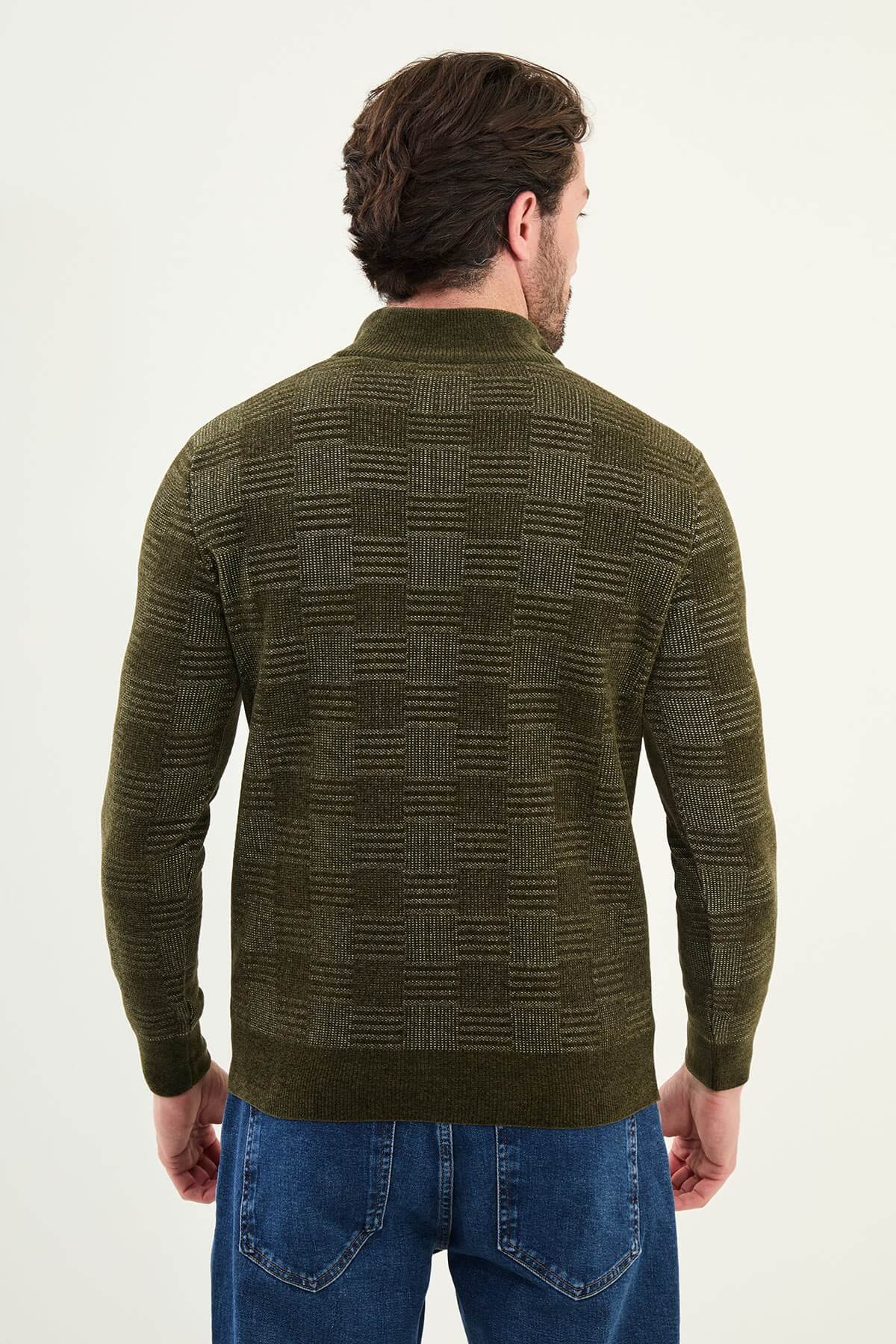 AXIST khaki green slim fit knit pullover styled with dark denim jeans – men’s Fall/Winter wardrobe essential