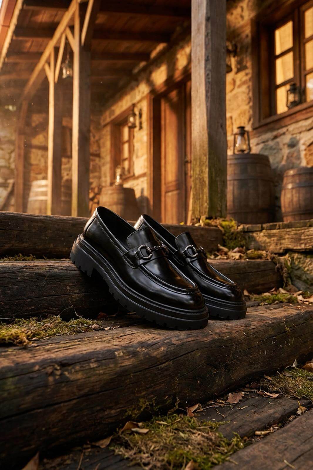 Man wearing glossy black leather horsebit loafers with chunky lug soles while sitting on a wooden bench.
