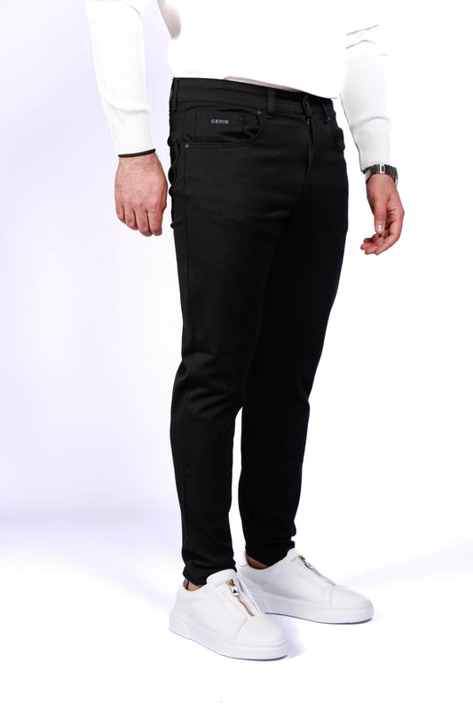 Men’s black slim fit stretch trousers with clean tailoring, fall winter custom design