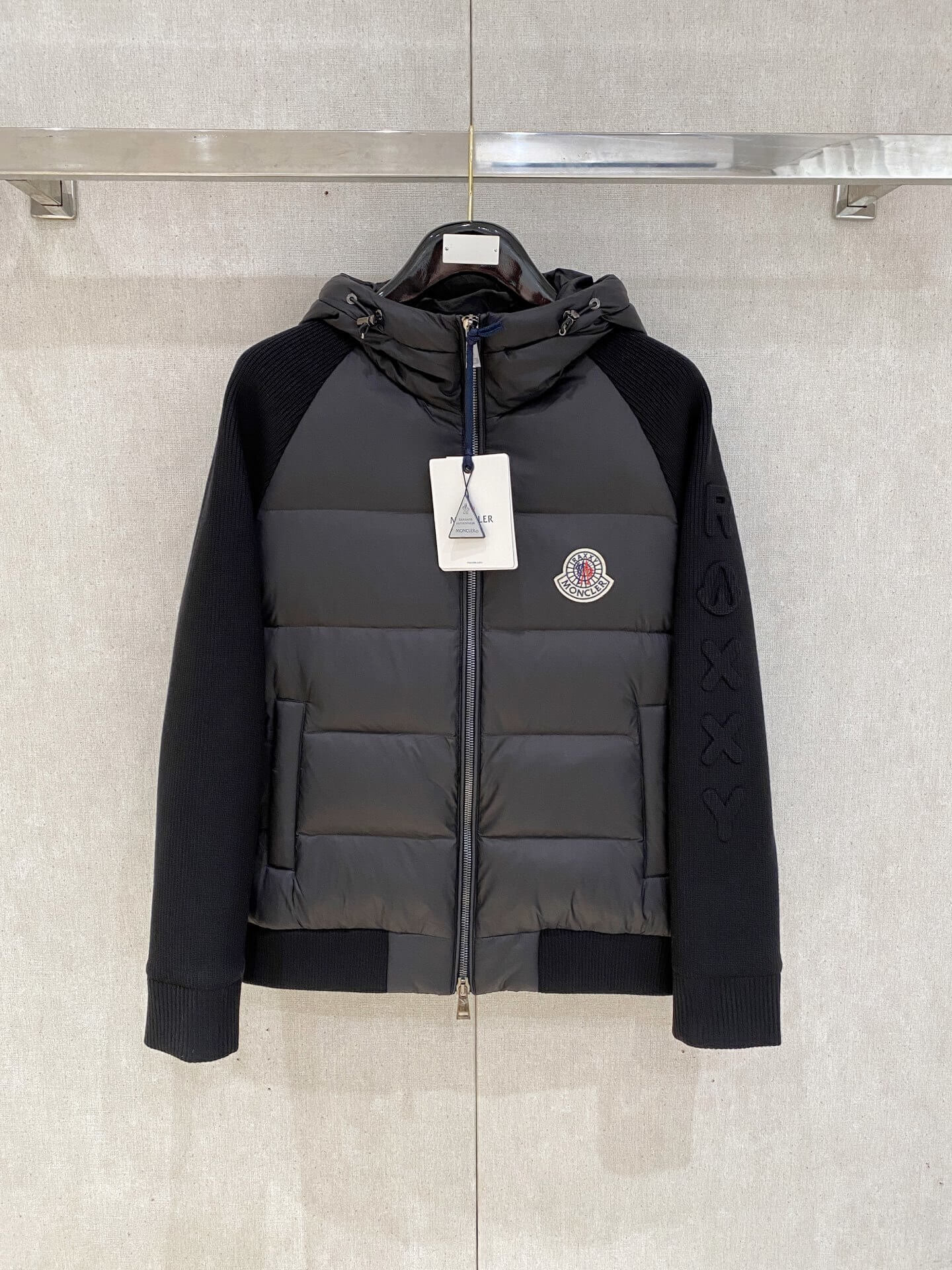 Moncler x Christopher Raxxy Black Knit-Sleeve Down Jacket. – HolloMen