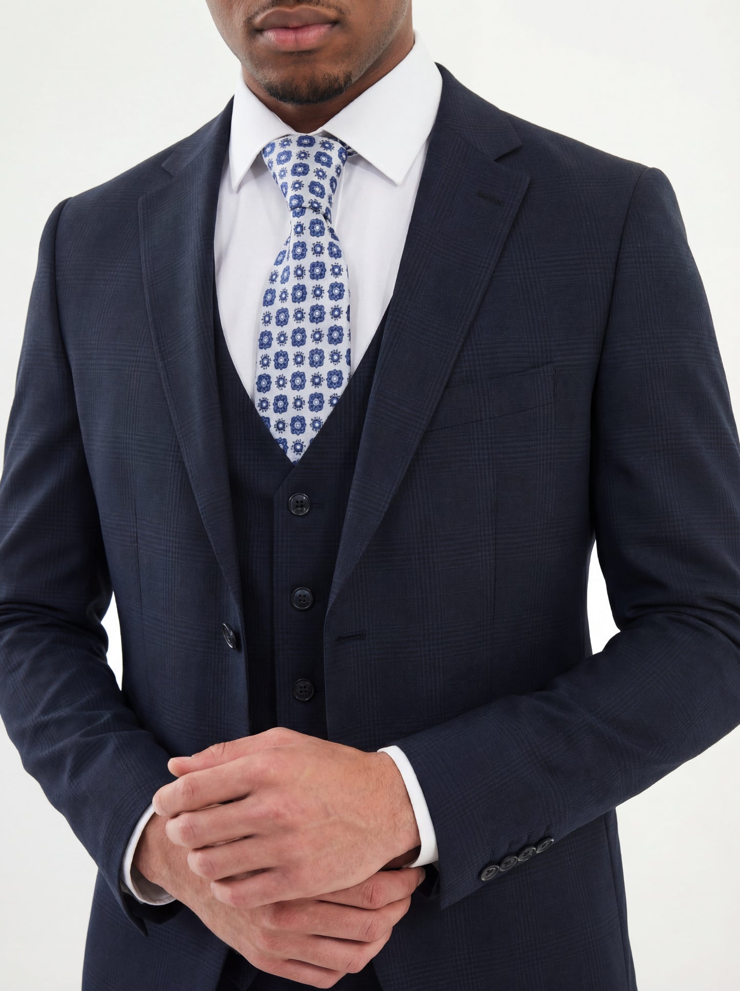 Prom-ready Navy Blue Three-Piece Slim Fit Suit with a modern tailored fit