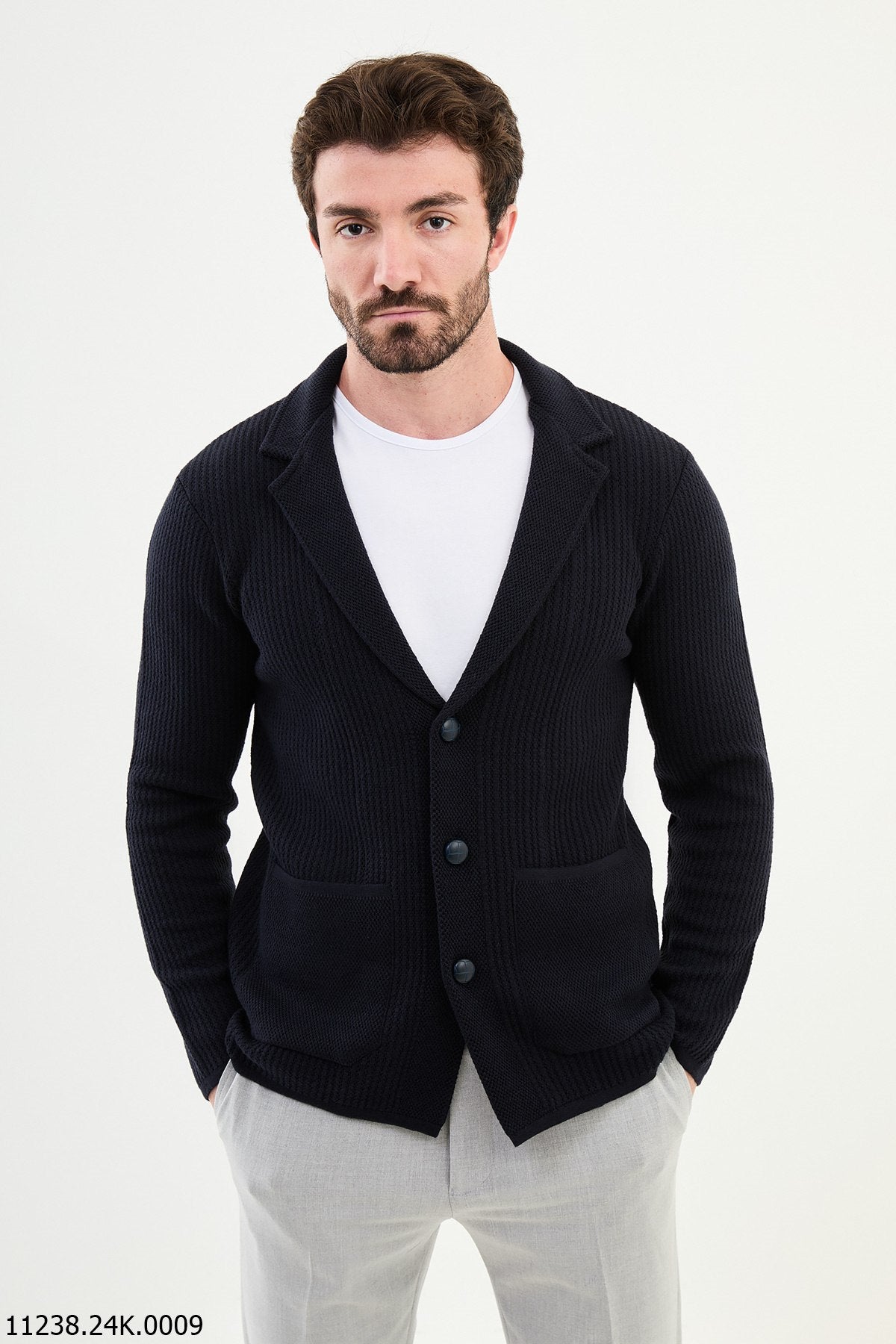 Navy Blue Buttoned Knit Cardigan Sweater with Shawl Collar. HolloMen Navy Blue Buttoned Knit Cardigan Sweater with Shawl Collar. HolloMen