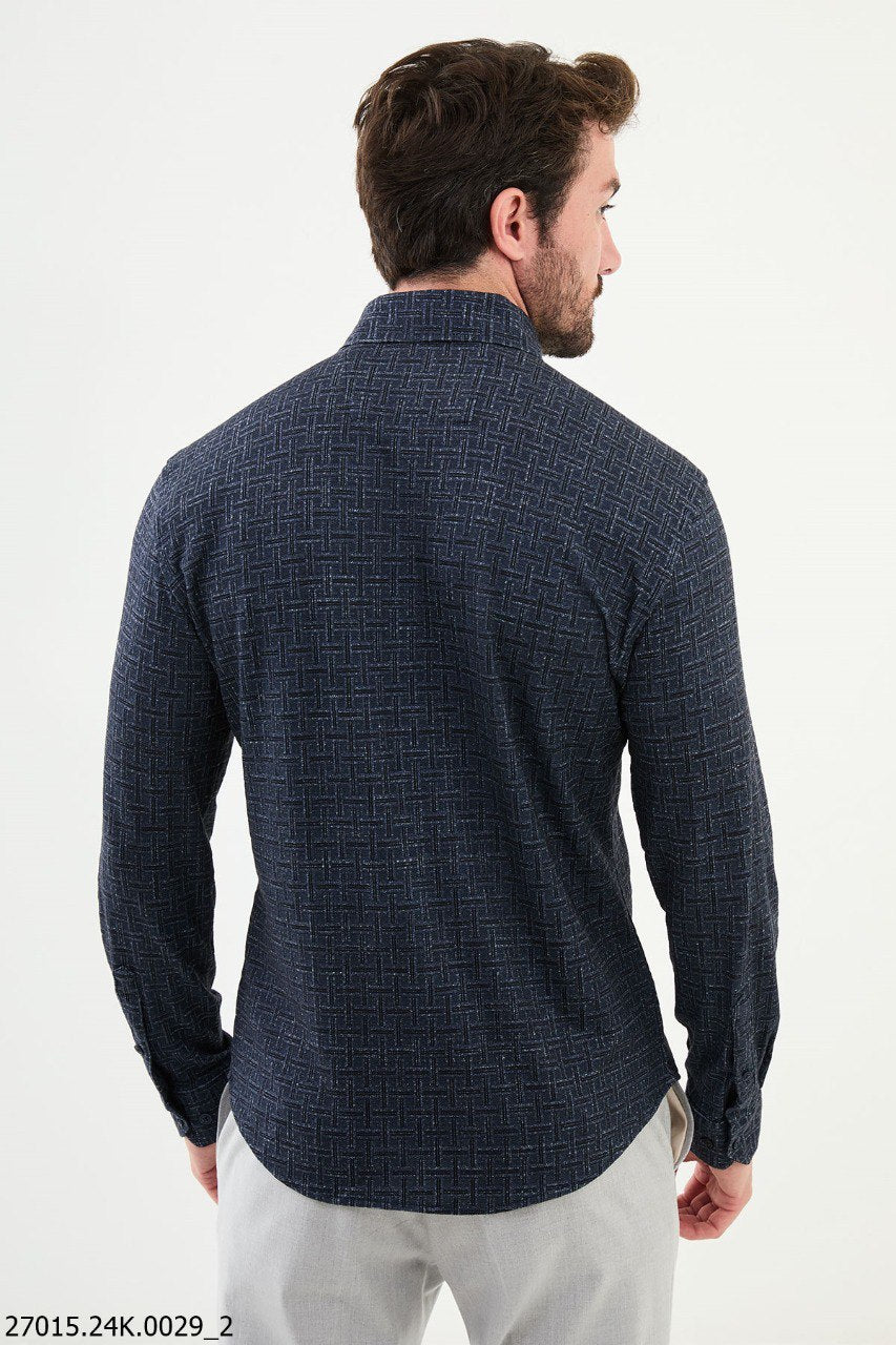 Navy Blue Patterned Long Sleeve Shirt.