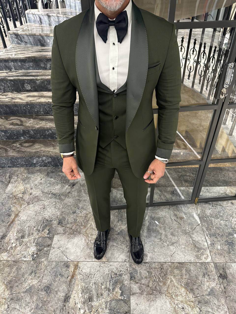 Olive Green Satin Shawl Lapel Tuxedo Suit for Men HolloMen Olive Green Satin Shawl Lapel Tuxedo Suit for Men HolloMen