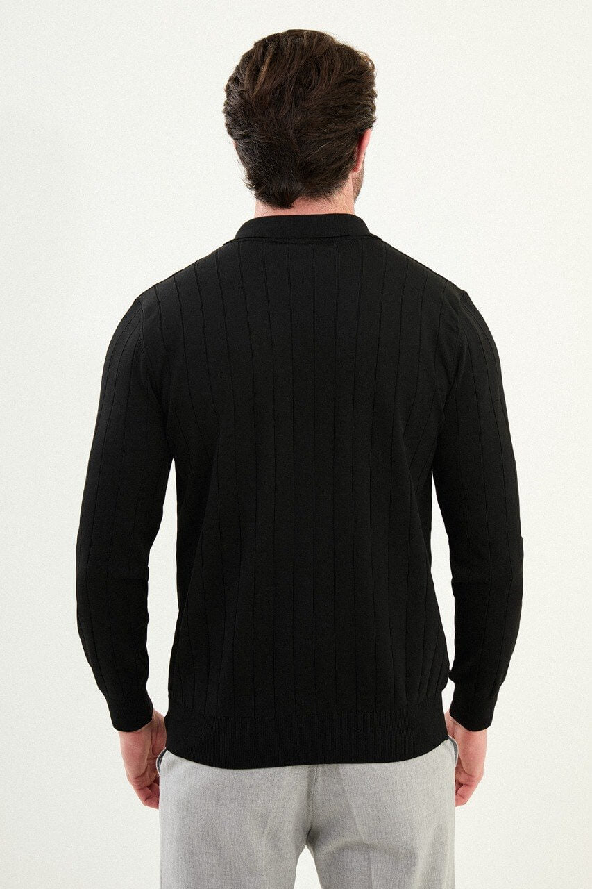 Men’s black ribbed polo neck long sleeve sweater with button placket, slim fit smart casual knit top styled with light gray trousers