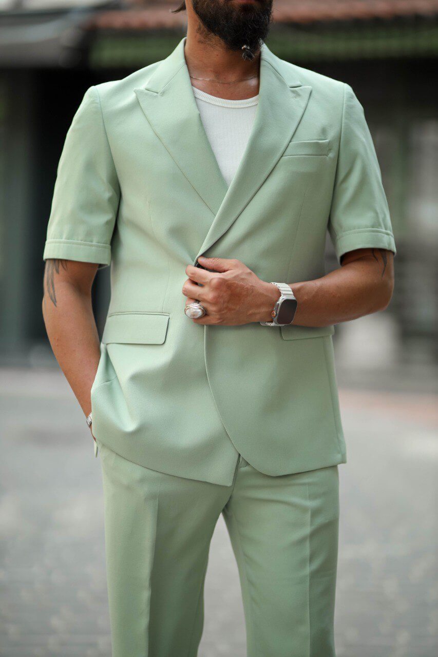 Positano Mint Green Short Sleeve Summer Suit on Display.