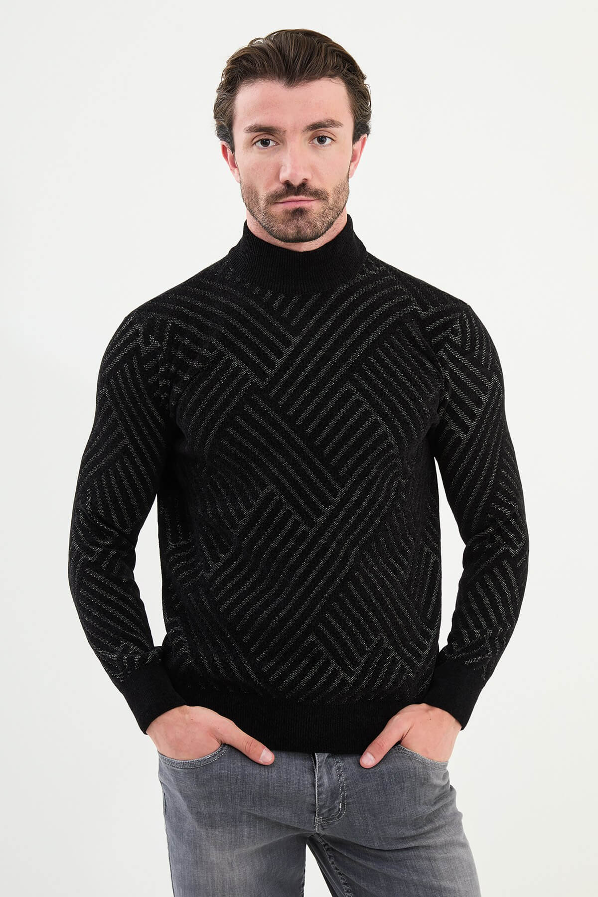 Bedruckter schwarzer Rollkragenpullover aus reinem Stoff – HolloMen