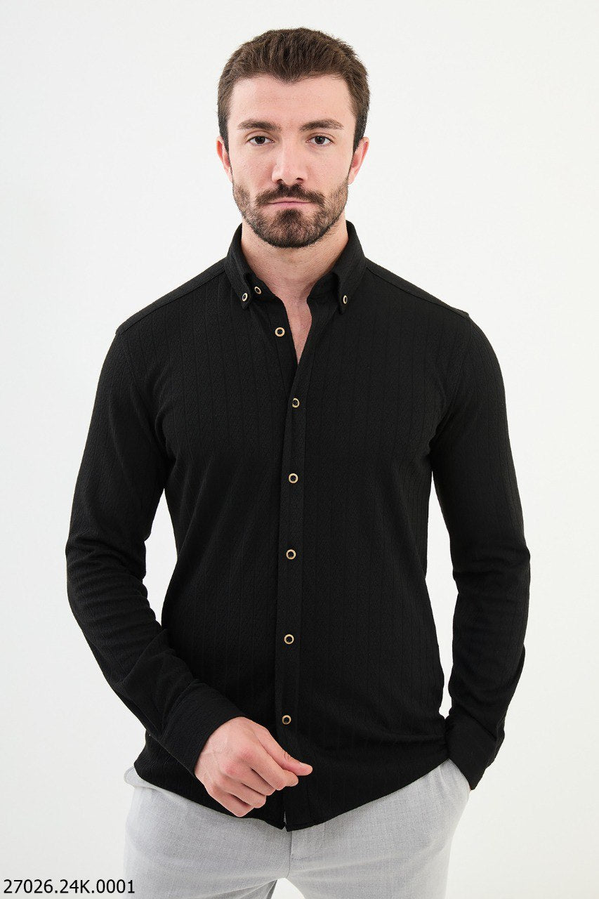 Sleek Black Textured Casual Shirt with Gold-Toned Button Accents. HolloMen Sleek Black Textured Casual Shirt with Gold-Toned Button Accents. HolloMen
