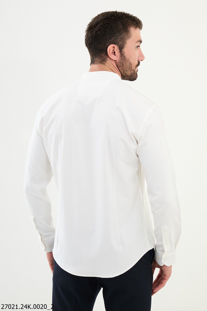 White-Ecru Mandarin Collar Shirt.