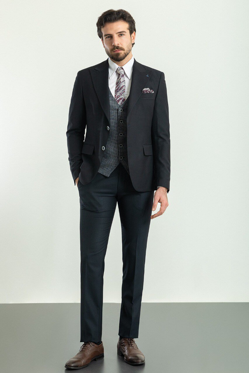 A Black & Gray Combination 3-Piece Suit on Display.