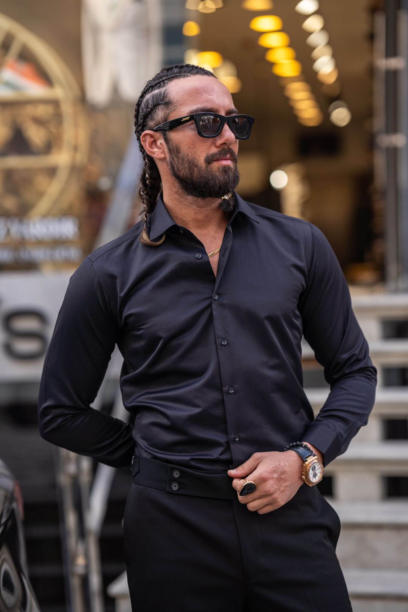 Versatile Sophistication: Black Lycra Satin Shirt for Men | HolloMen Versatile Sophistication: Black Lycra Satin Shirt for Men | HolloMen