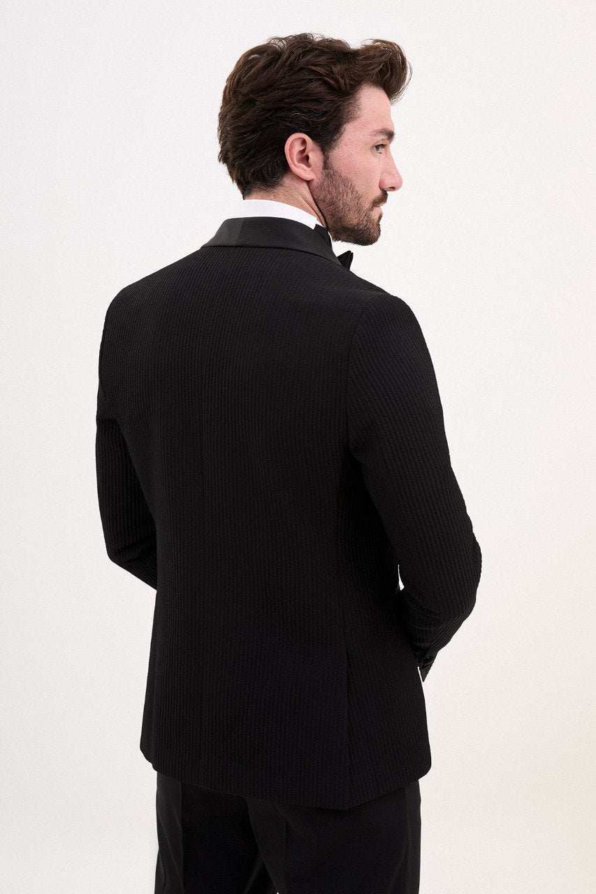 Black Tuxedo by HolloMen showcasing sleek dapper style and unparalleled sophistication.
