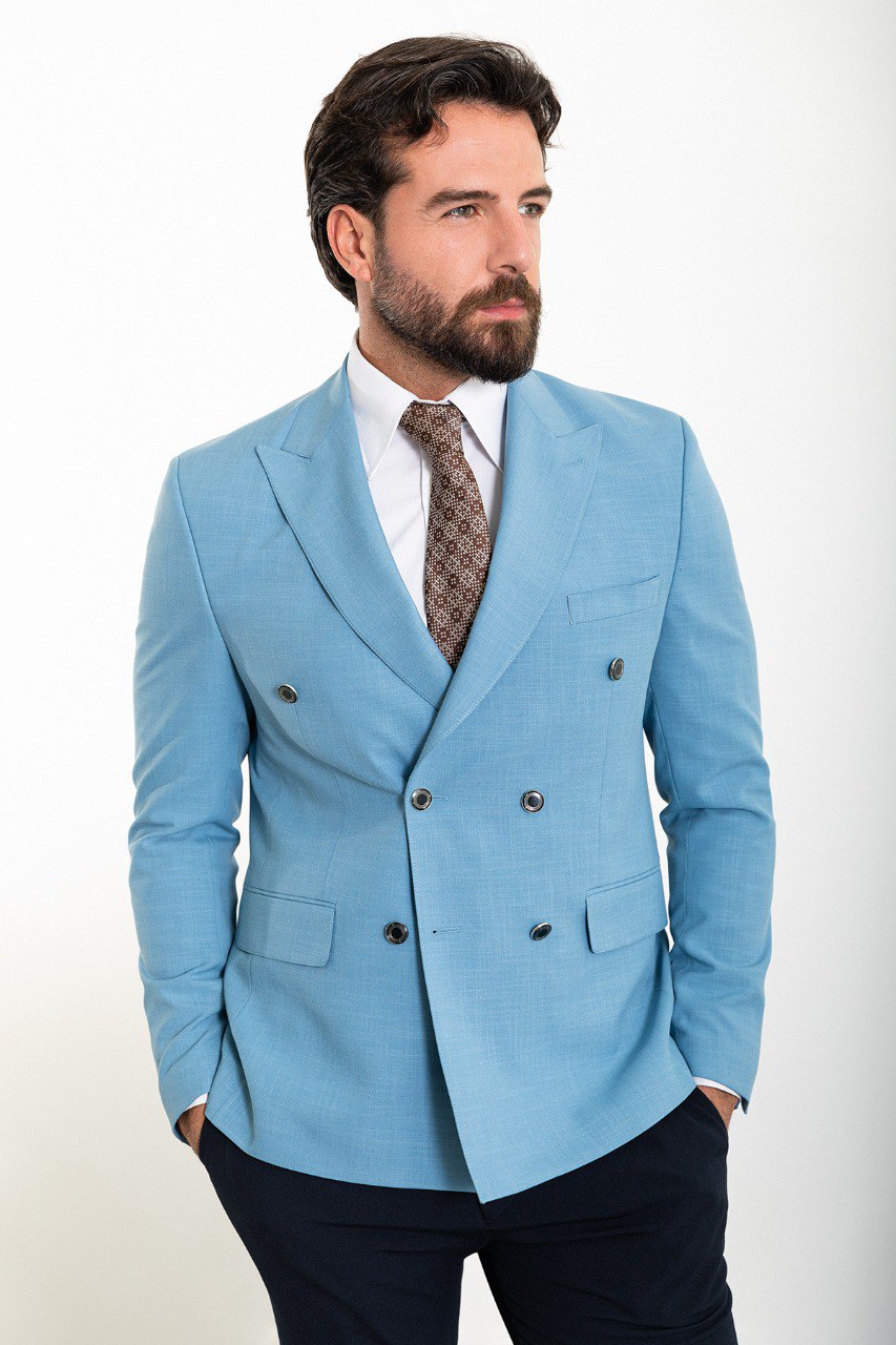 Double Breasted Light Blue Blazer - Modern Sophistication. HolloMen Double Breasted Light Blue Blazer - Modern Sophistication. HolloMen