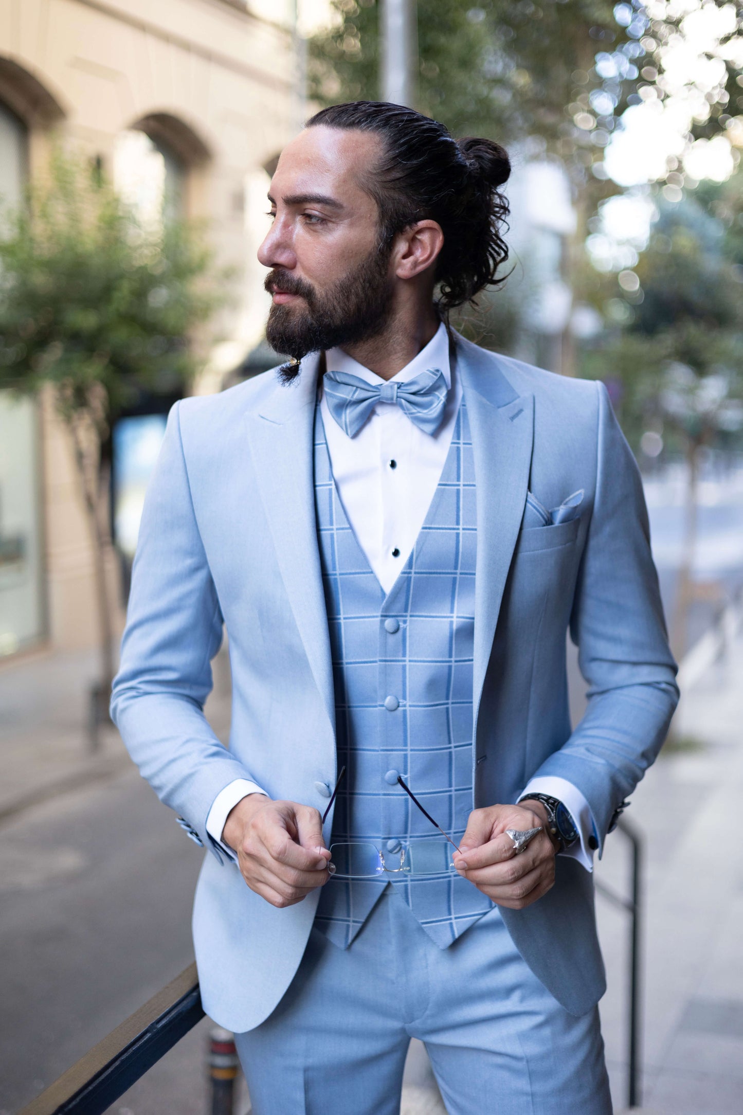 Celestial Blue Windowpane Tuxedo Suit for men with a soft blue windowpane check design.