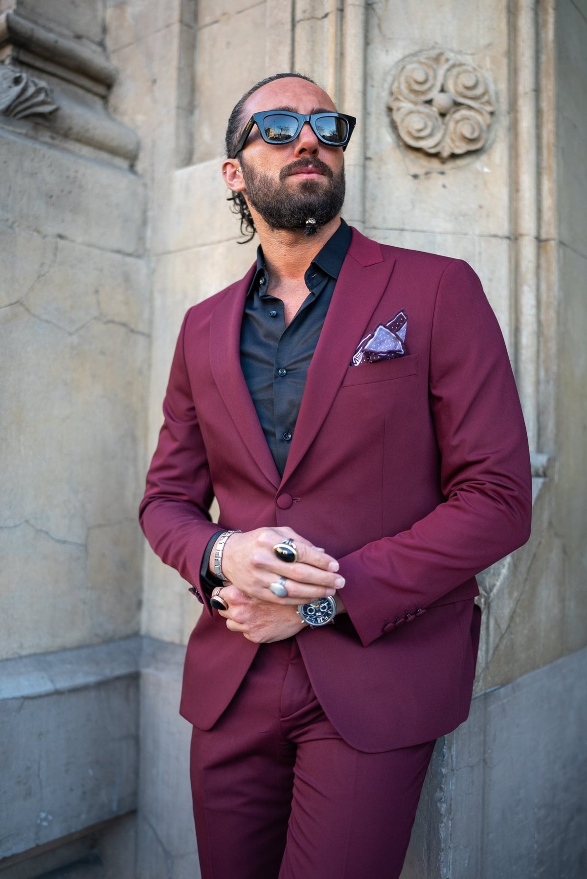Burgundy tuxedo peak lapel and chest close-up detail