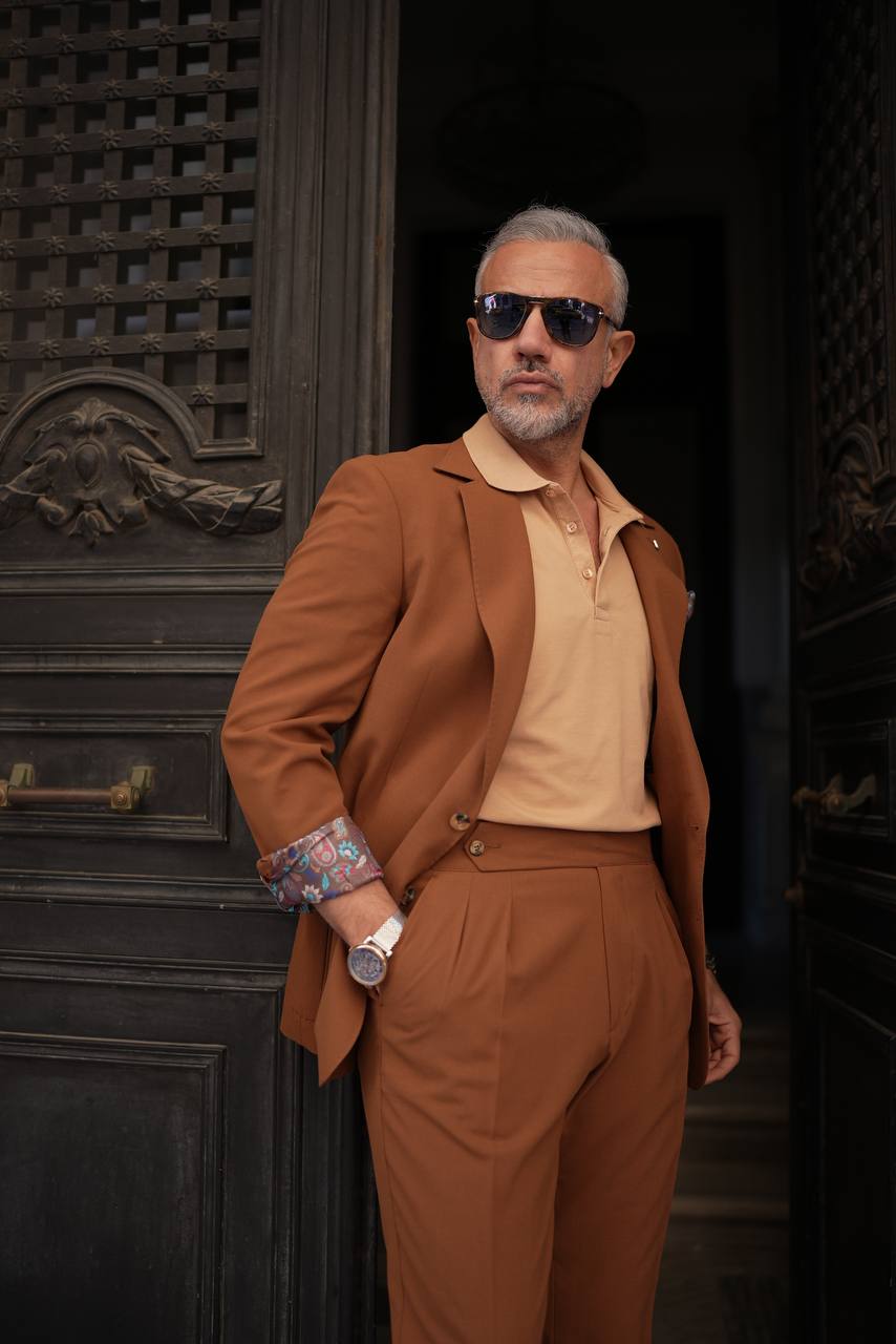 A Classic Camel 2-Piece Suit on Display.