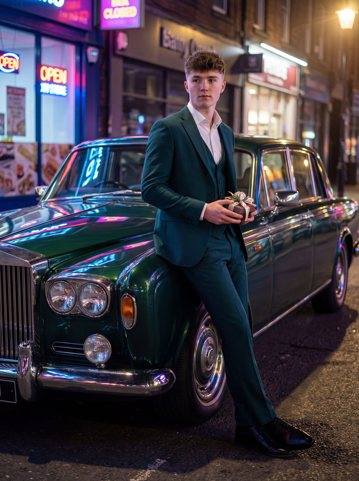 Emerald green three piece prom suit back view showing slim tailored cut