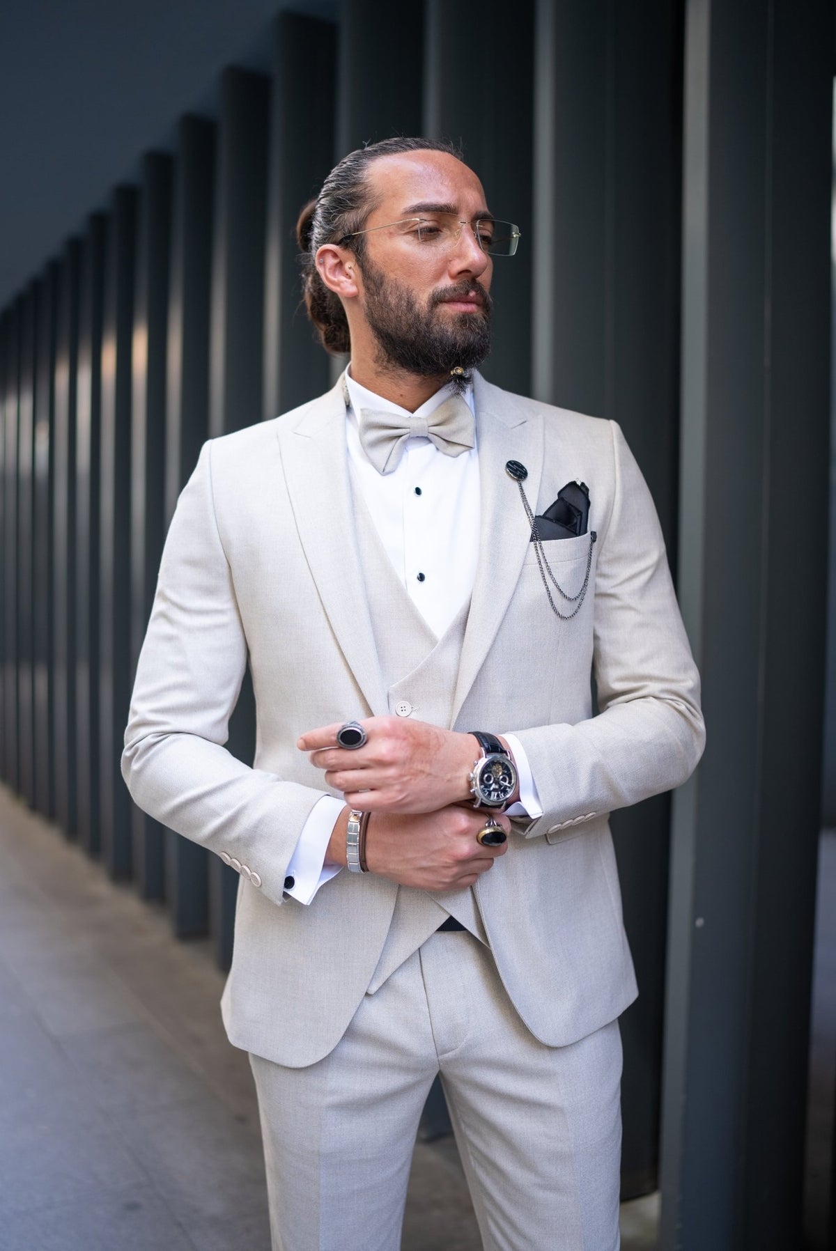 Beige three piece tuxedo with waistcoat, front formal view